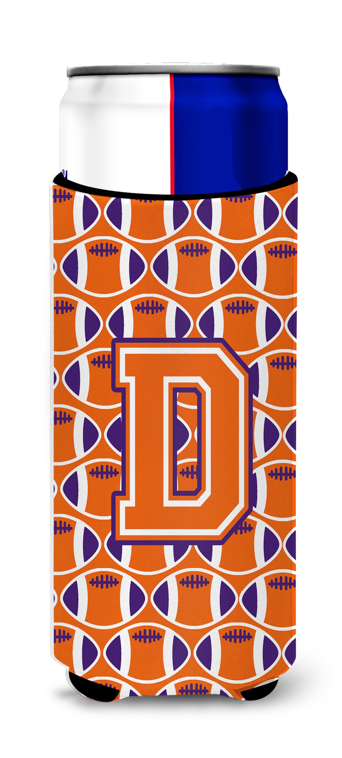 Letter D Football Orange, White and Regalia Ultra Beverage Insulators for slim cans CJ1072-DMUK.