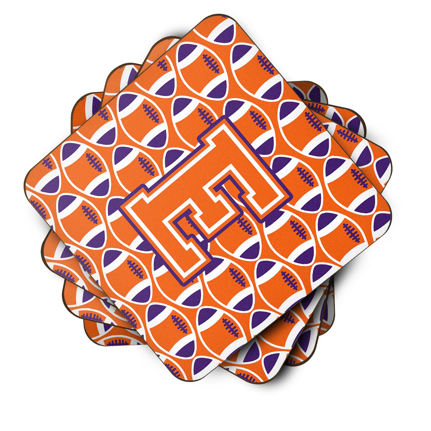 Letter E Football Orange, White and Regalia Foam Coaster Set of 4 CJ1072-EFC - the-store.com