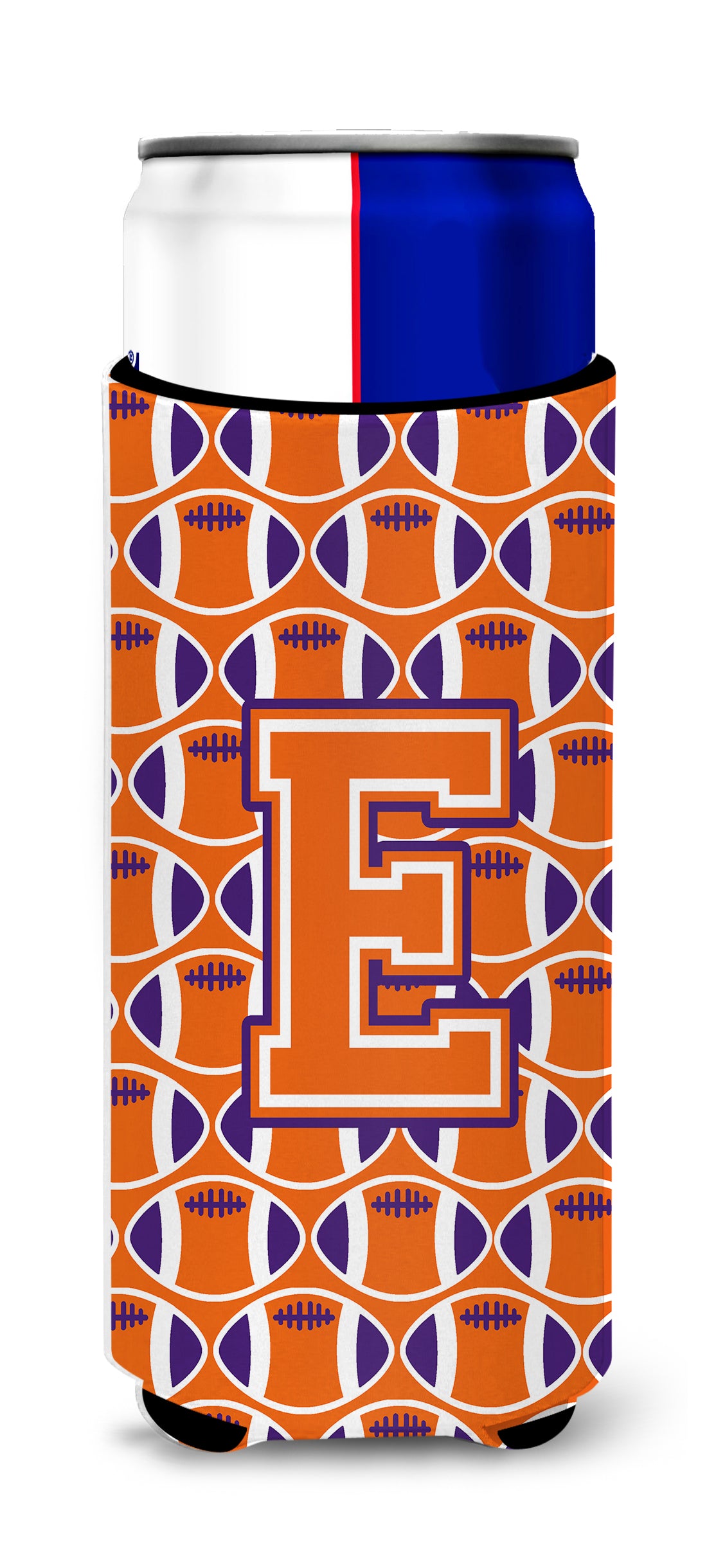 Letter E Football Orange, White and Regalia Ultra Beverage Insulators for slim cans CJ1072-EMUK.