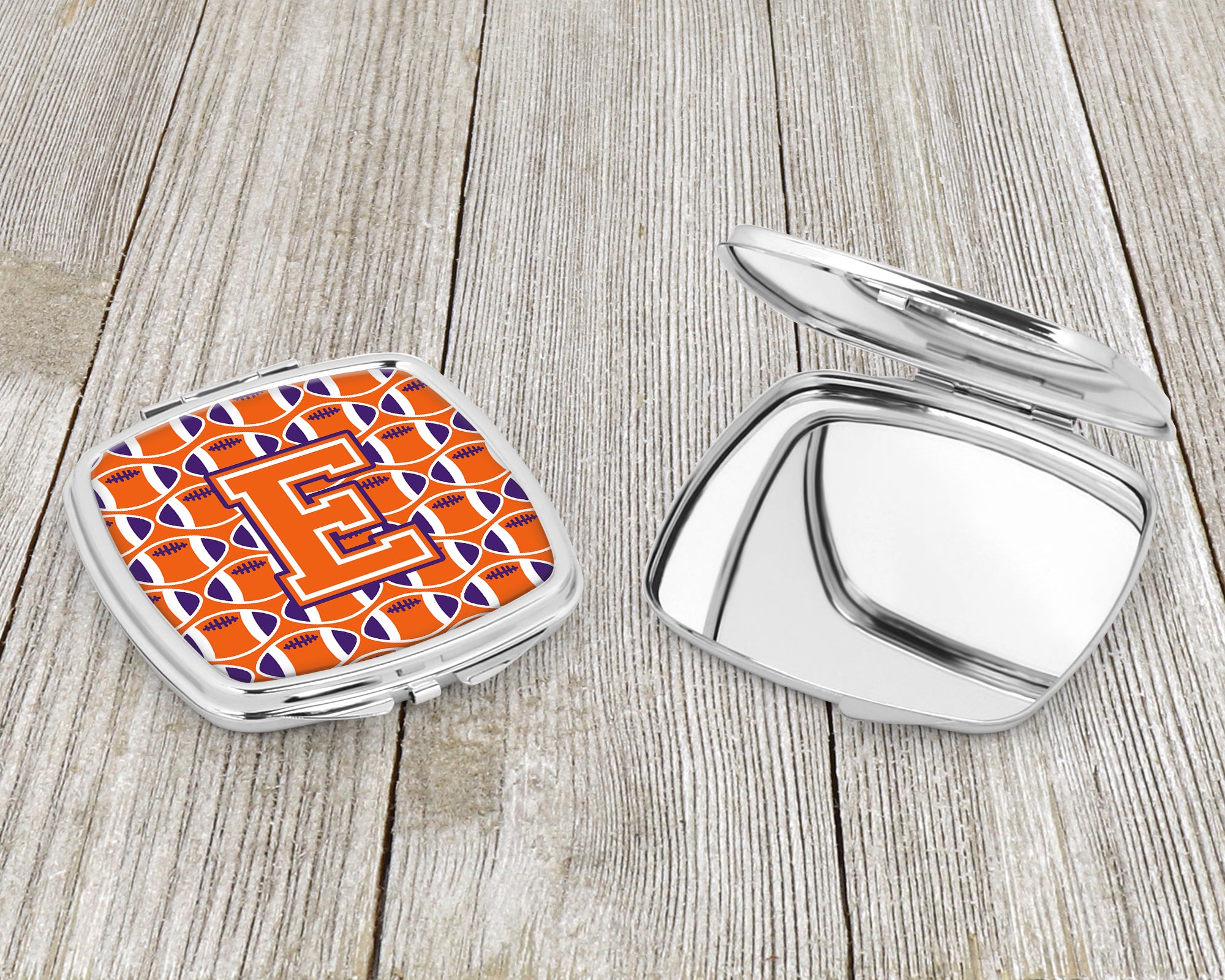 Letter E Football Orange, White and Regalia Compact Mirror CJ1072-ESCM  the-store.com.