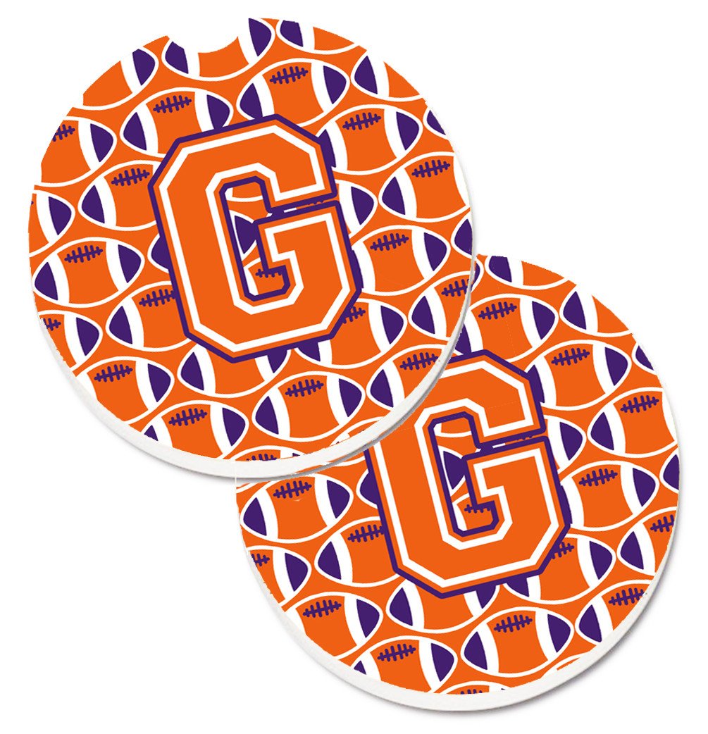 Letter G Football Orange, White and Regalia Set of 2 Cup Holder Car Coasters CJ1072-GCARC by Caroline's Treasures