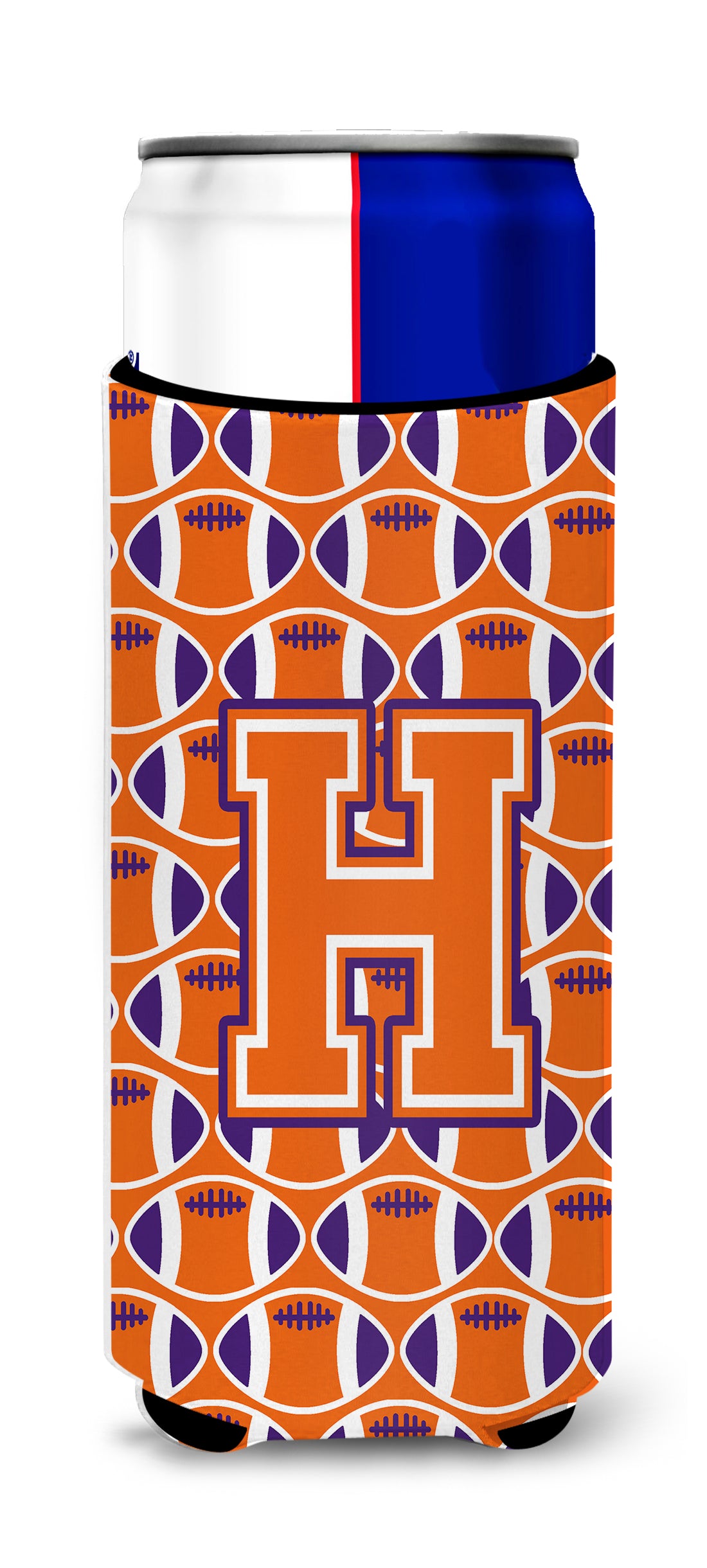 Letter H Football Orange, White and Regalia Ultra Beverage Insulators for slim cans CJ1072-HMUK.