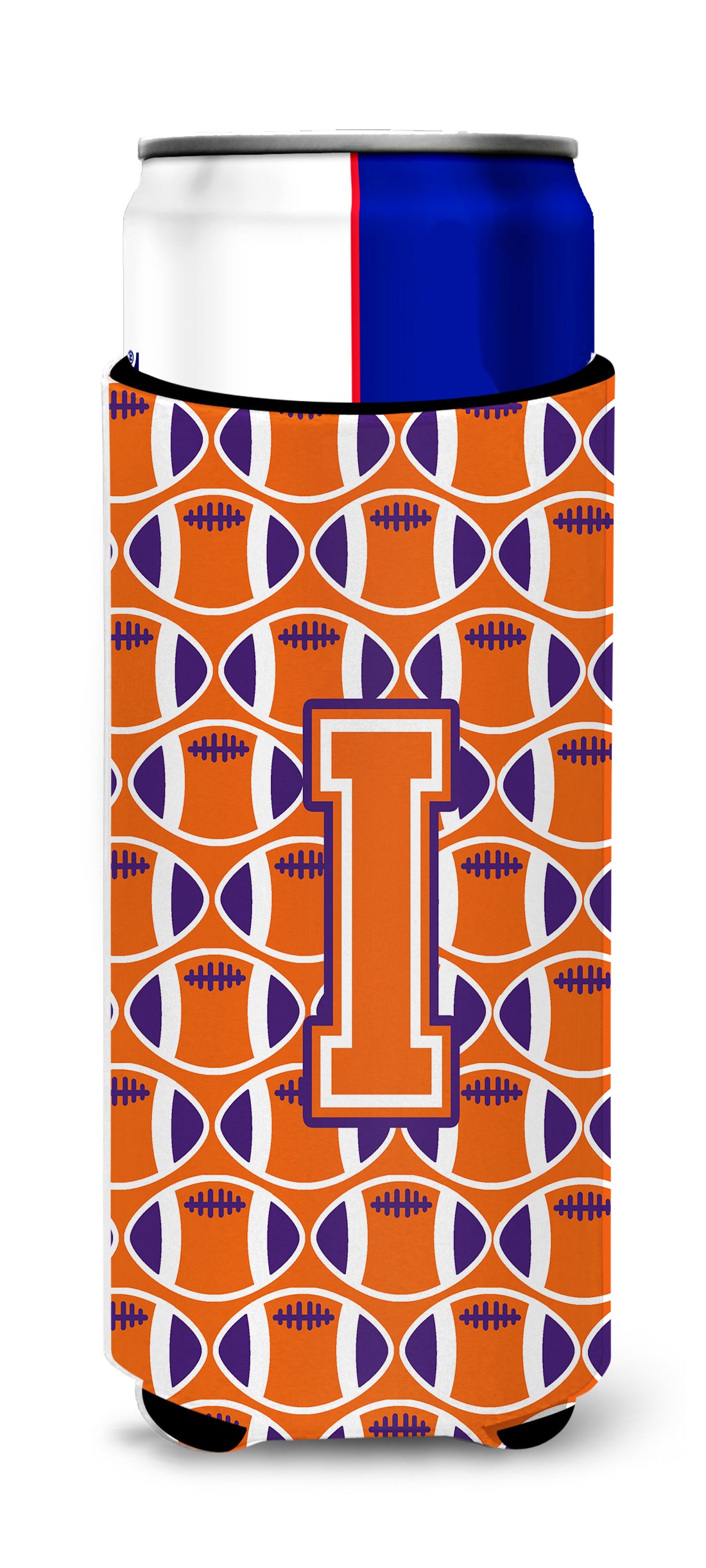 Letter I Football Orange, White and Regalia Ultra Beverage Insulators for slim cans CJ1072-IMUK.