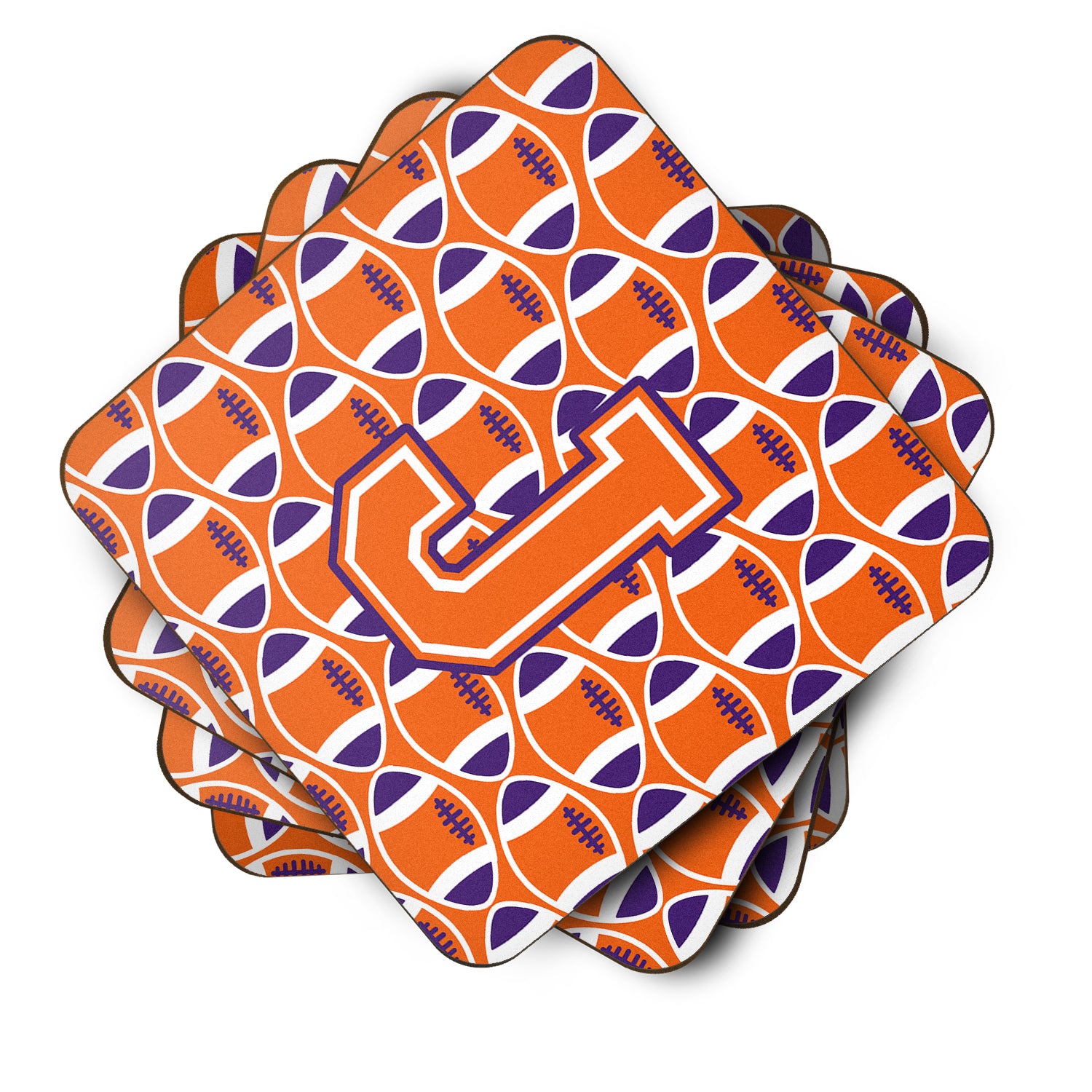 Letter J Football Orange, White and Regalia Foam Coaster Set of 4 CJ1072-JFC - the-store.com