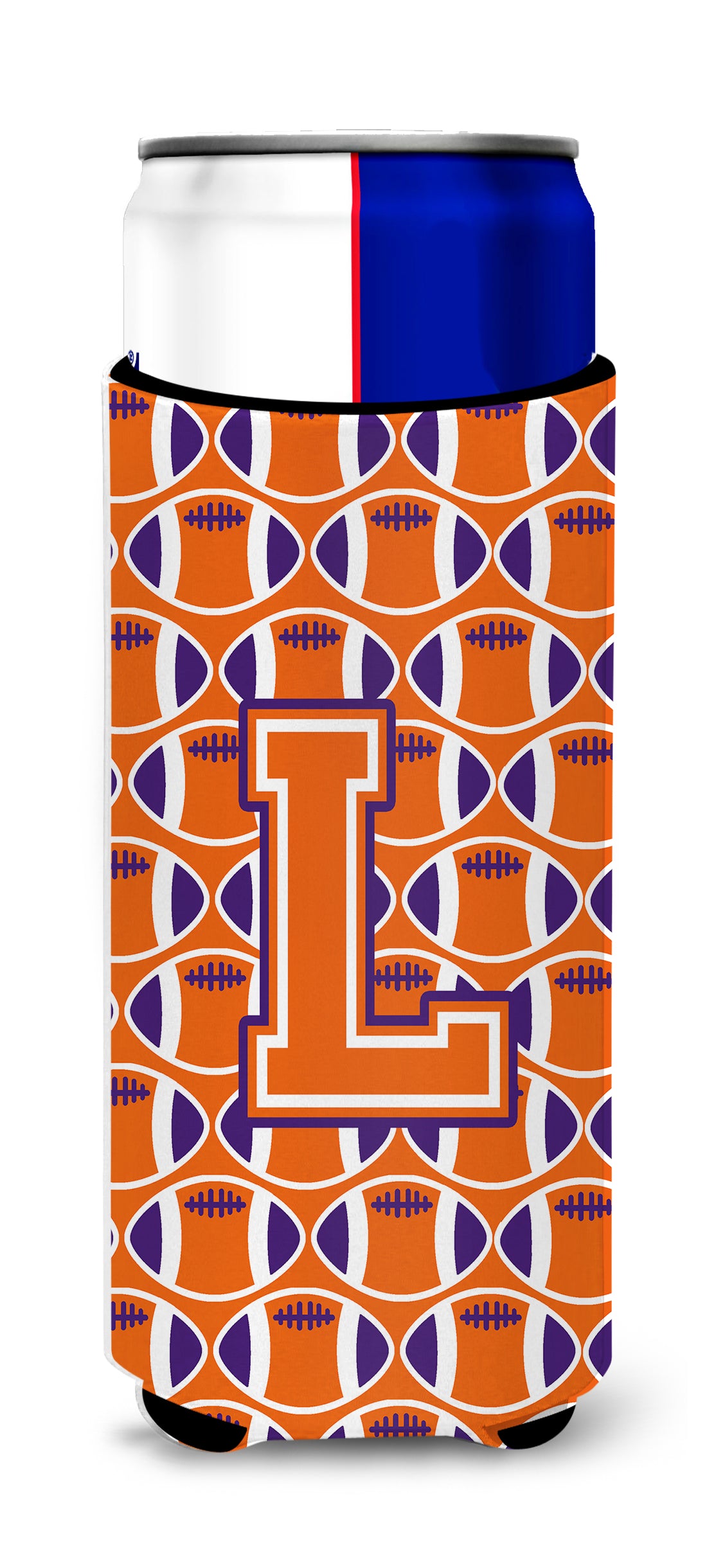 Letter L Football Orange, White and Regalia Ultra Beverage Insulators for slim cans CJ1072-LMUK.