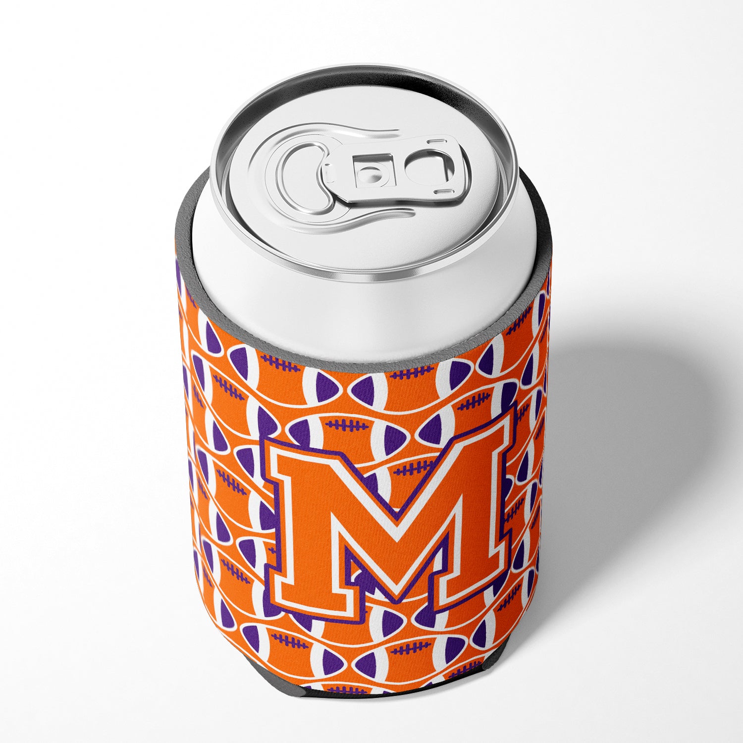 Letter M Football Orange, White and Regalia Can or Bottle Hugger CJ1072-MCC.