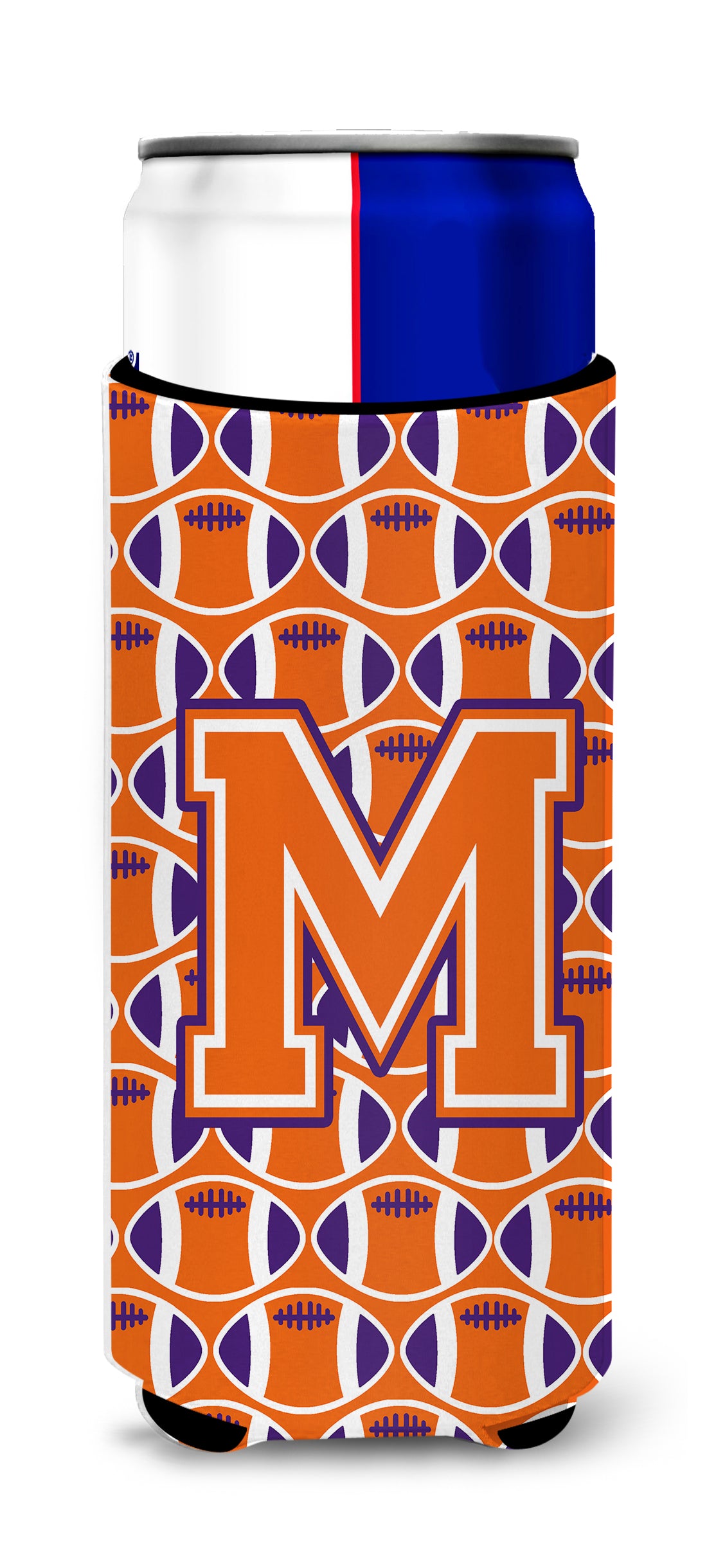 Letter M Football Orange, White and Regalia Ultra Beverage Insulators for slim cans CJ1072-MMUK.