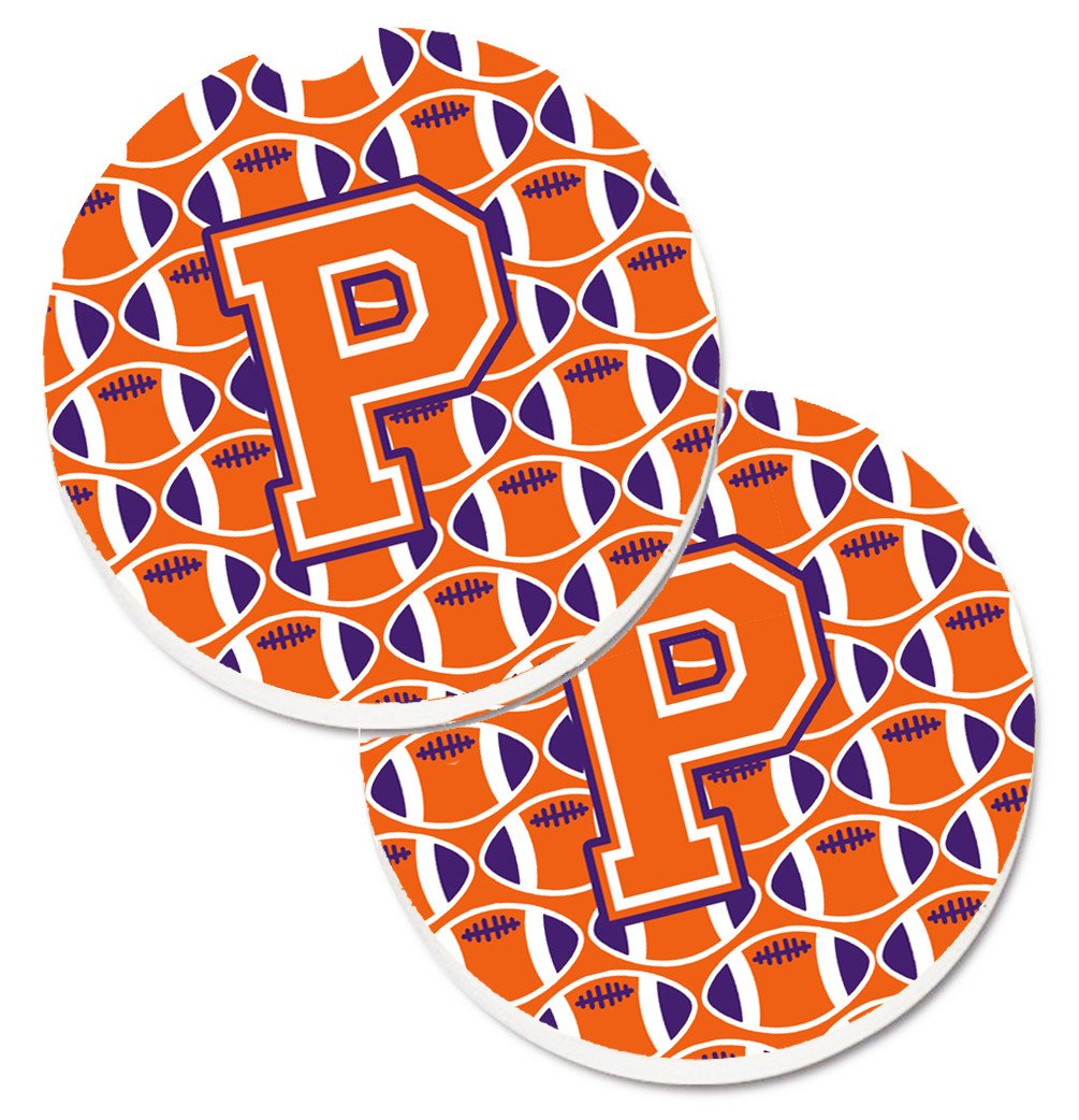 Letter P Football Orange, White and Regalia Set of 2 Cup Holder Car Coasters CJ1072-PCARC by Caroline's Treasures