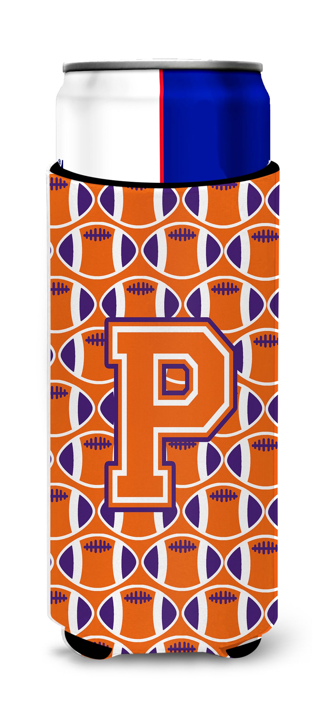 Letter P Football Orange, White and Regalia Ultra Beverage Insulators for slim cans CJ1072-PMUK.