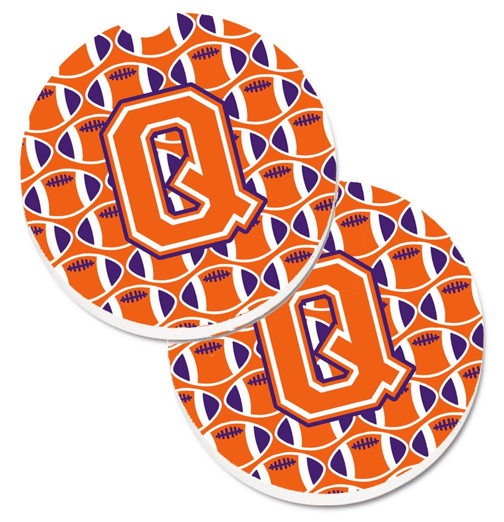 Letter Q Football Orange, White and Regalia Set of 2 Cup Holder Car Coasters CJ1072-QCARC by Caroline's Treasures