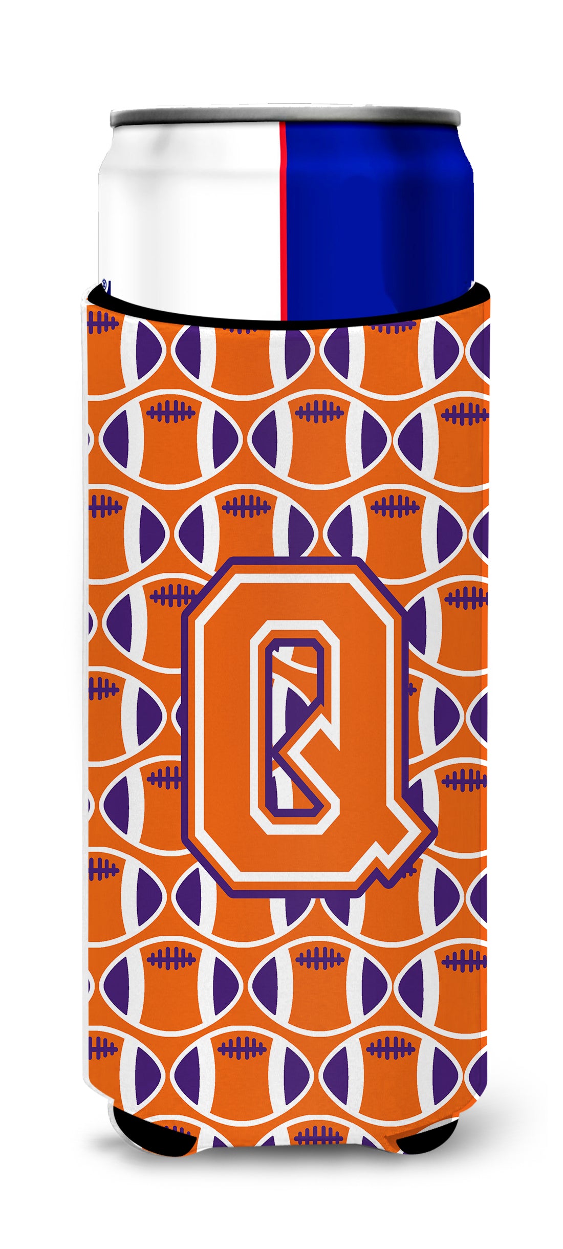 Letter Q Football Orange, White and Regalia Ultra Beverage Insulators for slim cans CJ1072-QMUK.