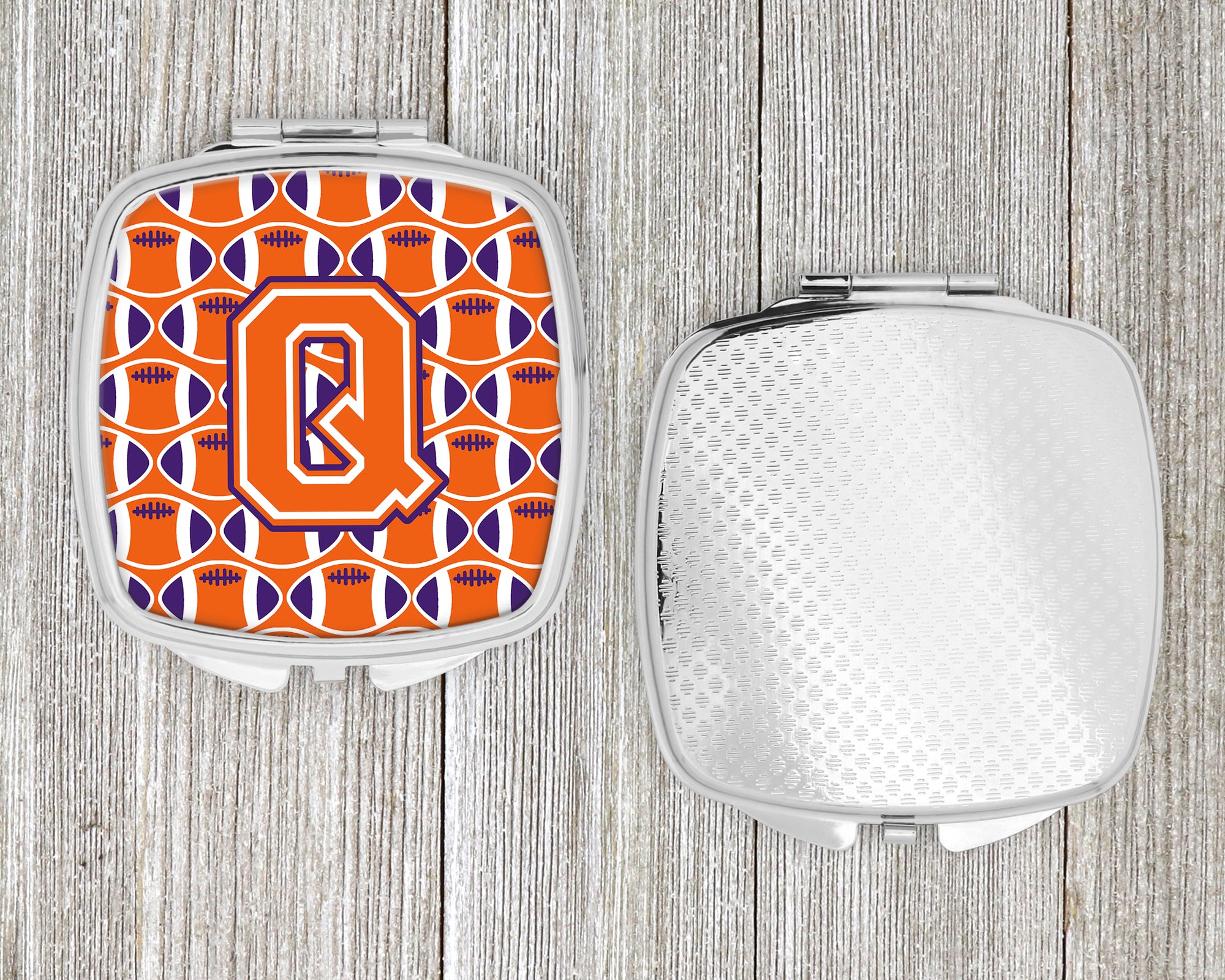 Letter Q Football Orange, White and Regalia Compact Mirror CJ1072-QSCM  the-store.com.