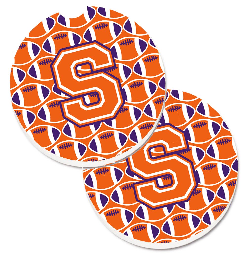 Letter S Football Orange, White and Regalia Set of 2 Cup Holder Car Coasters CJ1072-SCARC by Caroline's Treasures