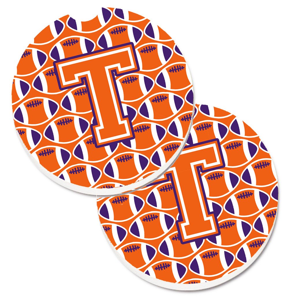 Letter T Football Orange, White and Regalia Set of 2 Cup Holder Car Coasters CJ1072-TCARC by Caroline&#39;s Treasures
