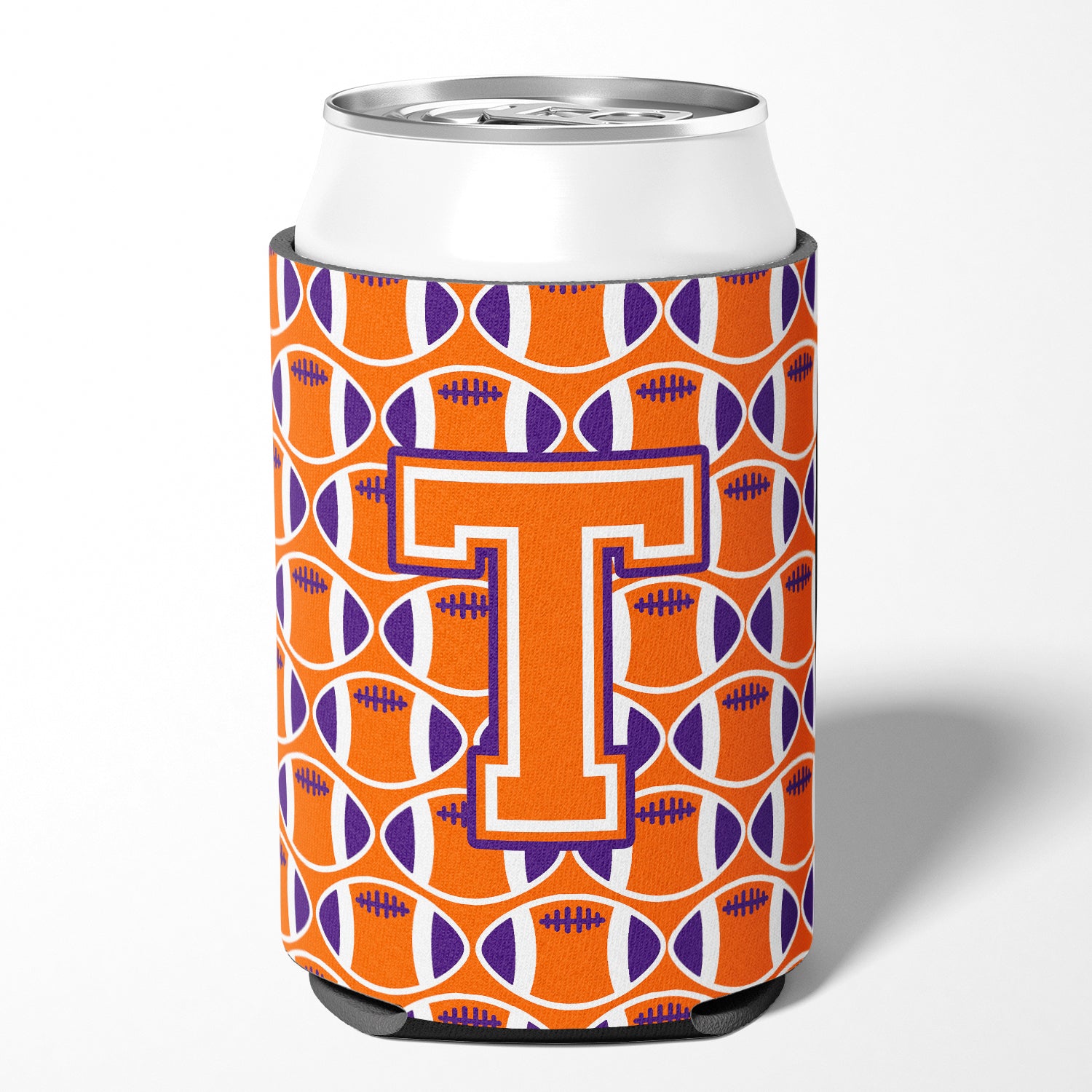 Letter T Football Orange, White and Regalia Can or Bottle Hugger CJ1072-TCC.