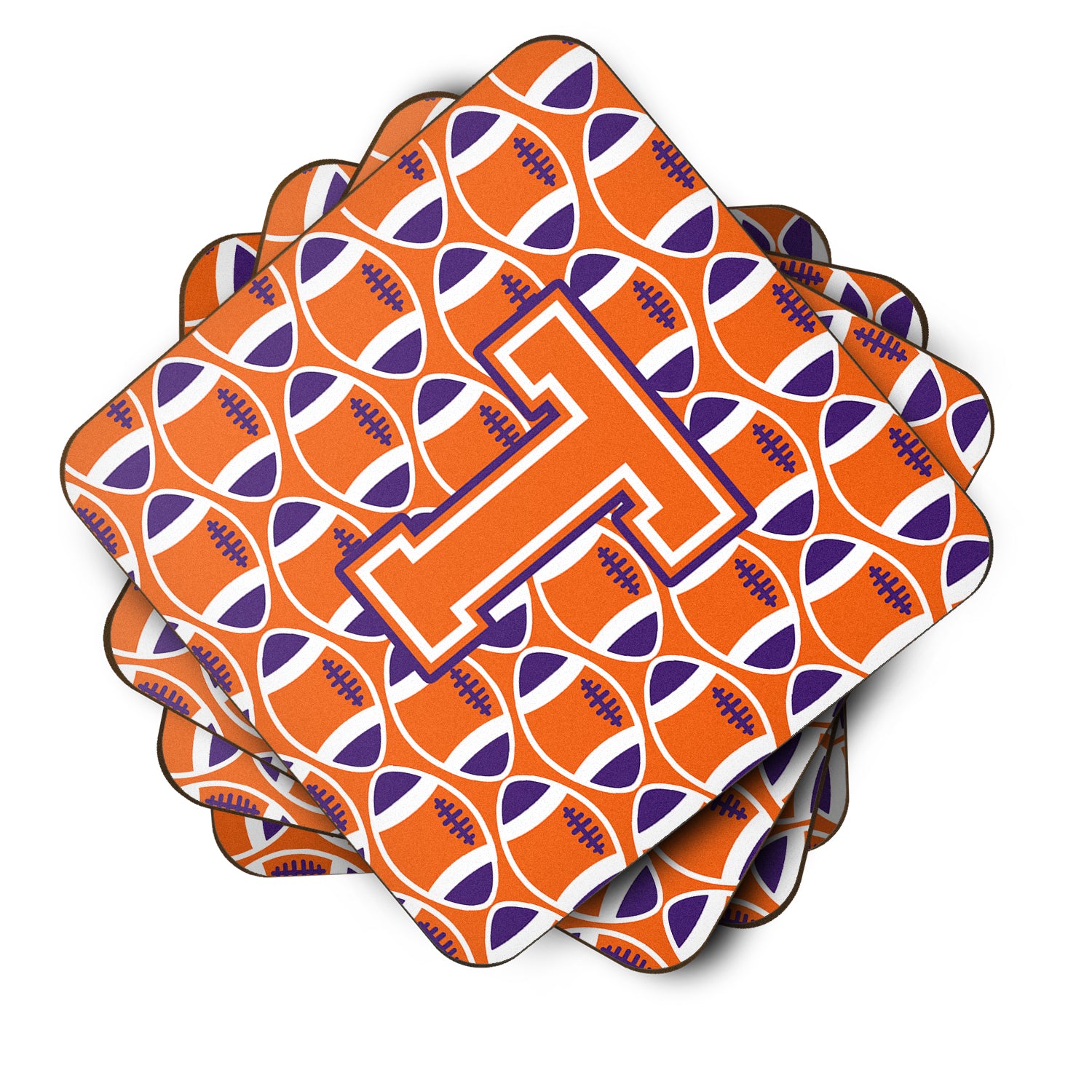 Letter T Football Orange, White and Regalia Foam Coaster Set of 4 CJ1072-TFC - the-store.com