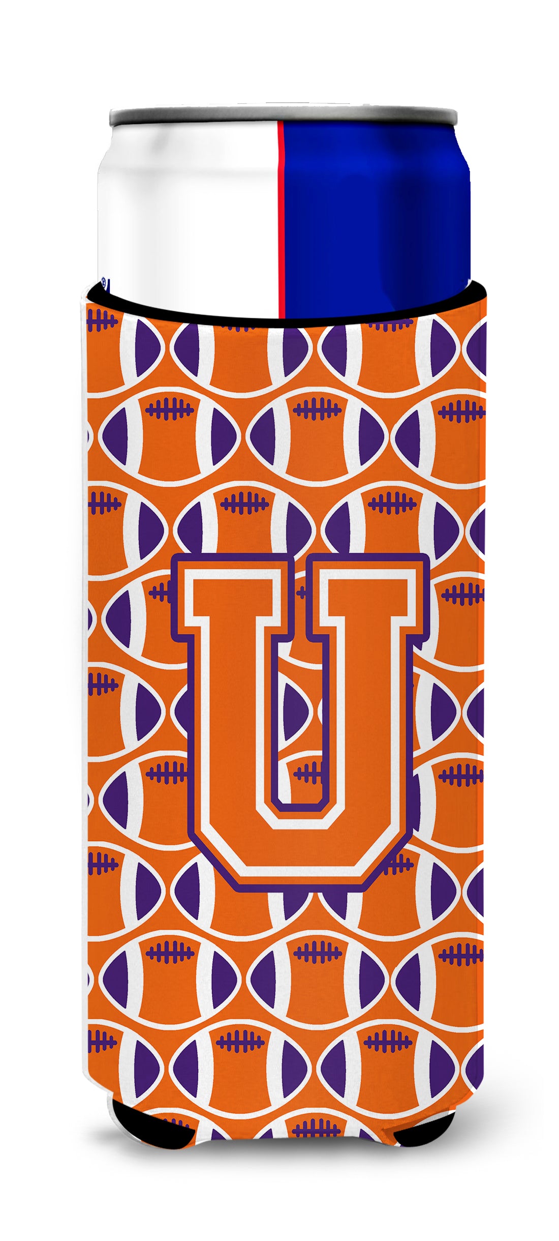 Letter U Football Orange, White and Regalia Ultra Beverage Insulators for slim cans CJ1072-UMUK.