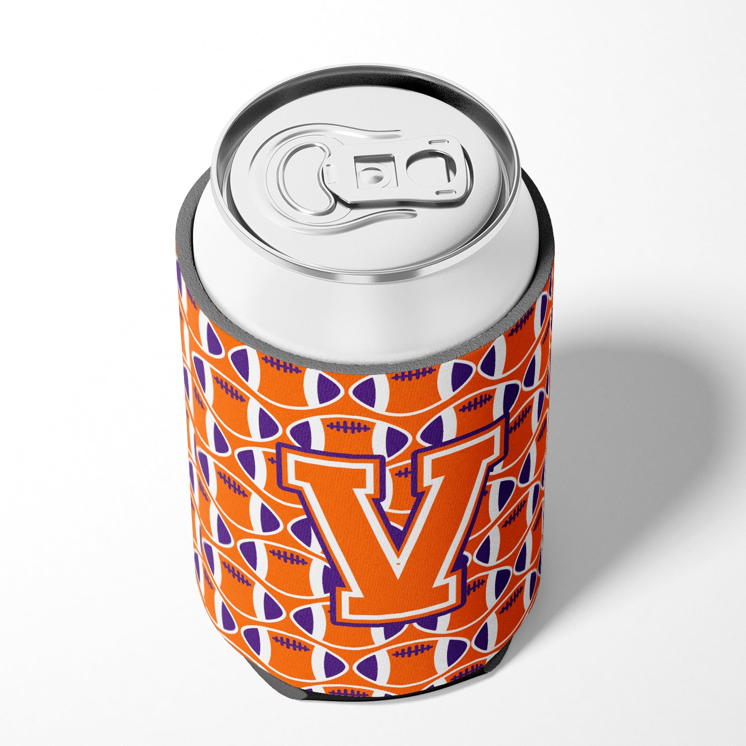 Letter V Football Orange, White and Regalia Can or Bottle Hugger CJ1072-VCC.