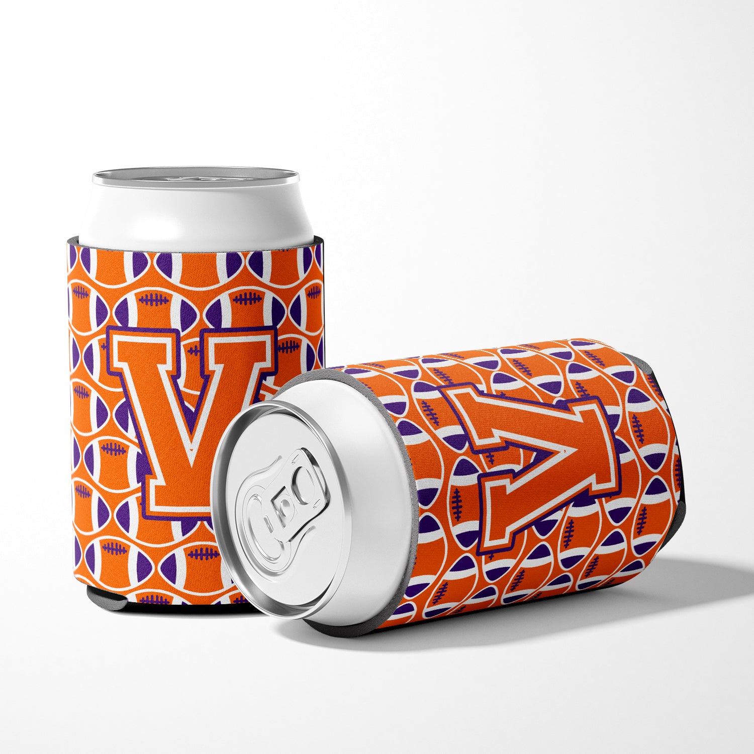 Letter V Football Orange, White and Regalia Can or Bottle Hugger CJ1072-VCC.