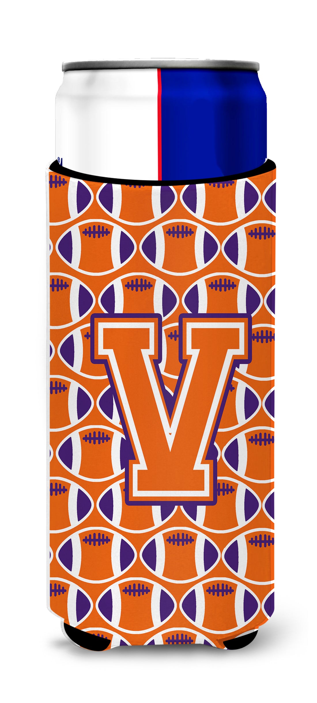 Letter V Football Orange, White and Regalia Ultra Beverage Insulators for slim cans CJ1072-VMUK.