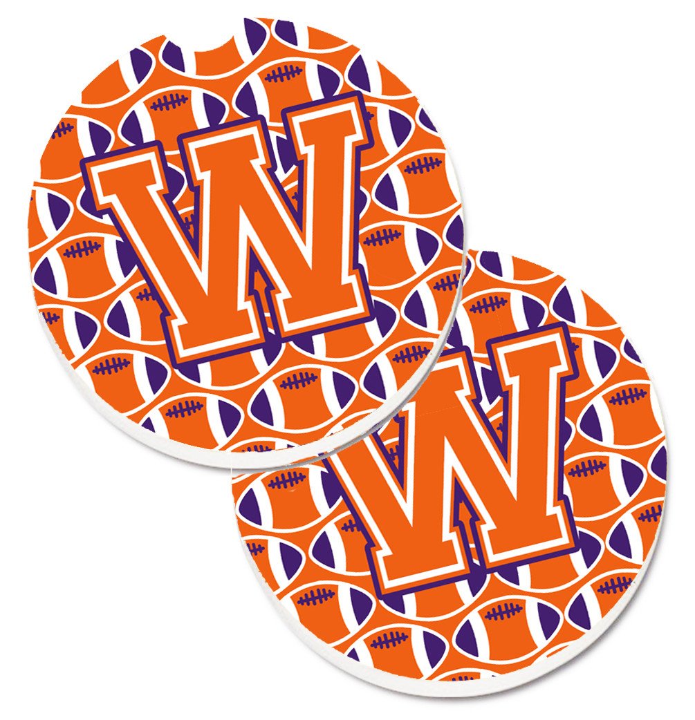 Letter W Football Orange, White and Regalia Set of 2 Cup Holder Car Coasters CJ1072-WCARC by Caroline's Treasures