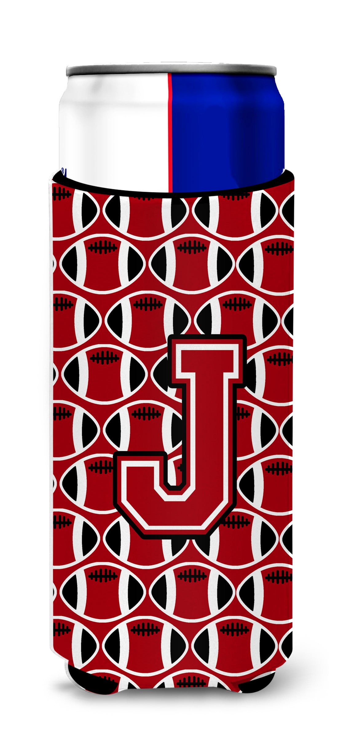 Letter J Football Red, Black and White Ultra Beverage Insulators for slim cans CJ1073-JMUK.