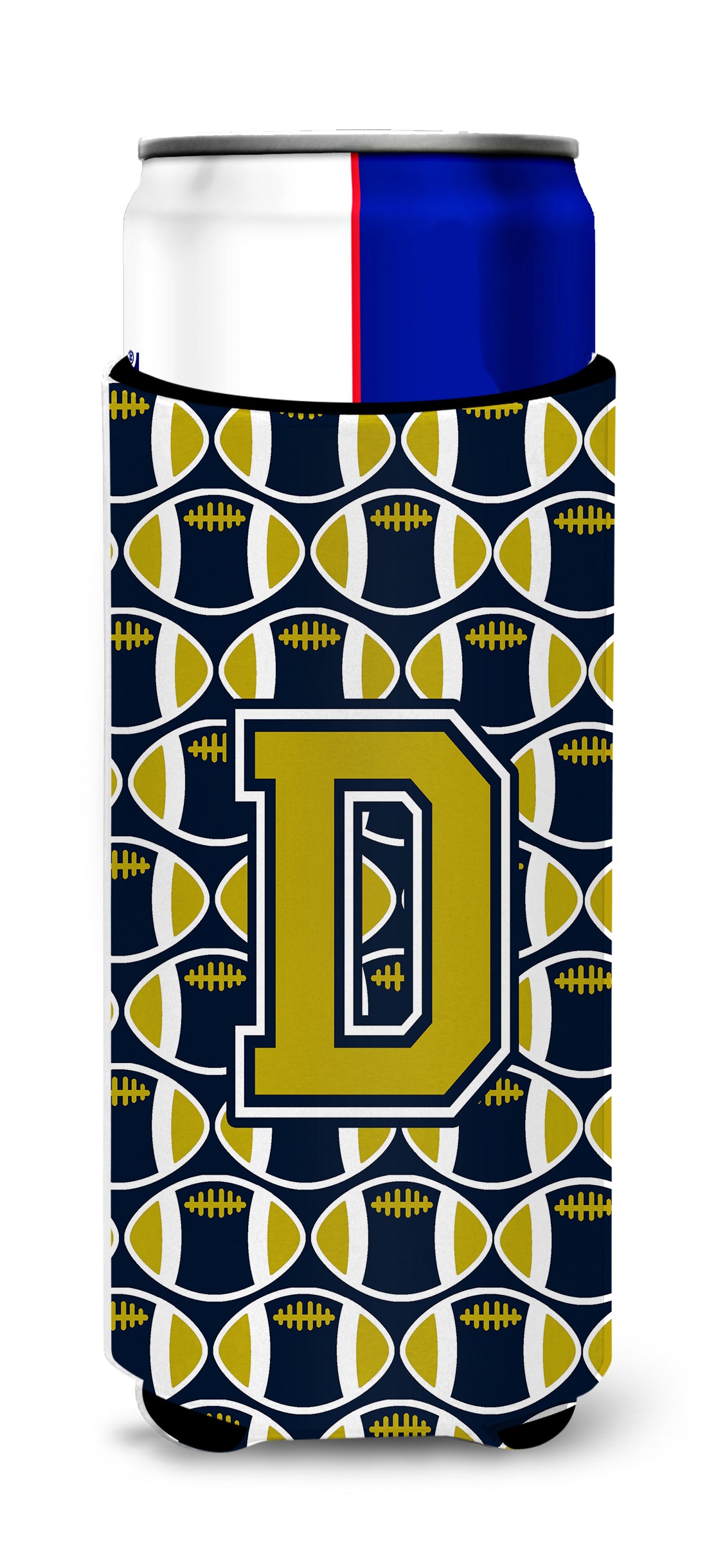 Letter D Football Blue and Gold Ultra Beverage Insulators for slim cans CJ1074-DMUK.