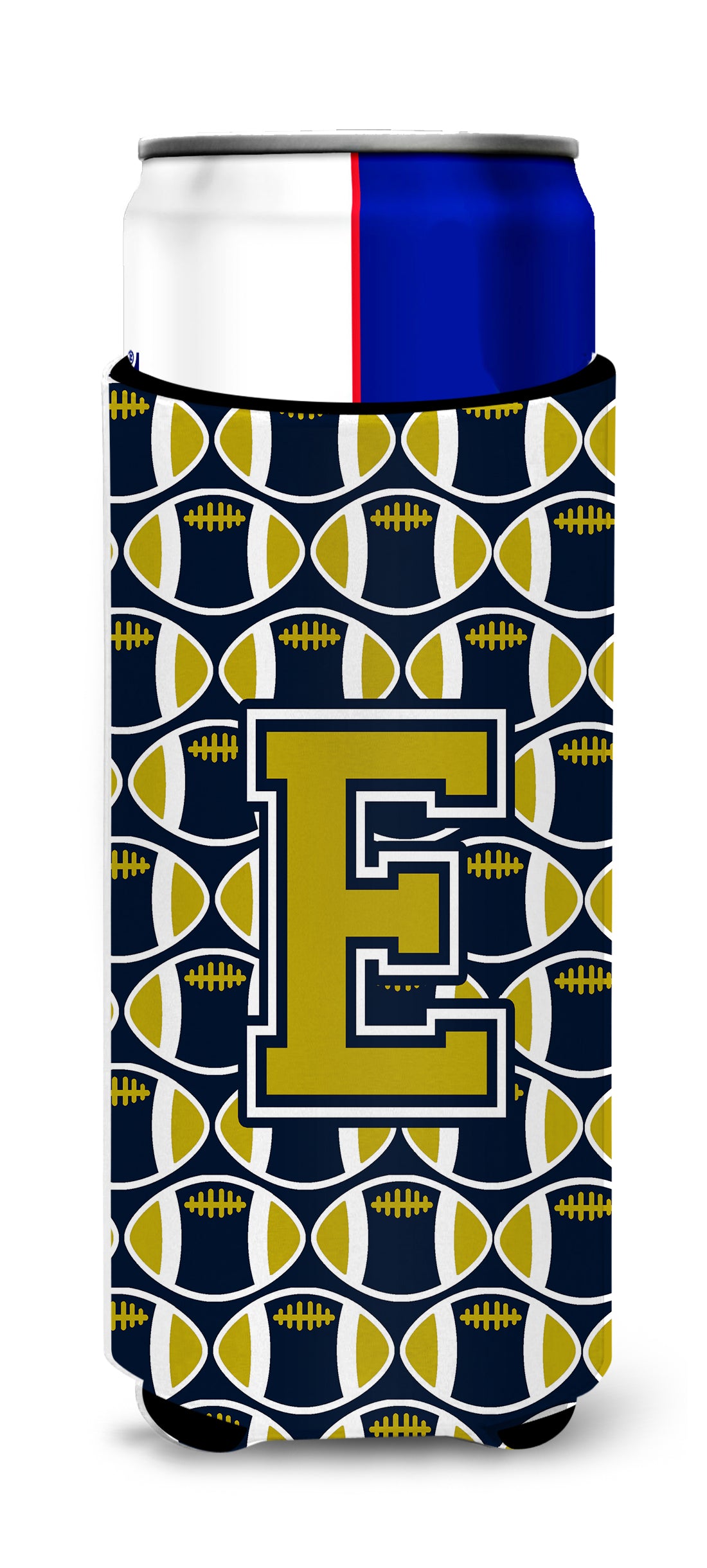 Letter E Football Blue and Gold Ultra Beverage Insulators for slim cans CJ1074-EMUK.