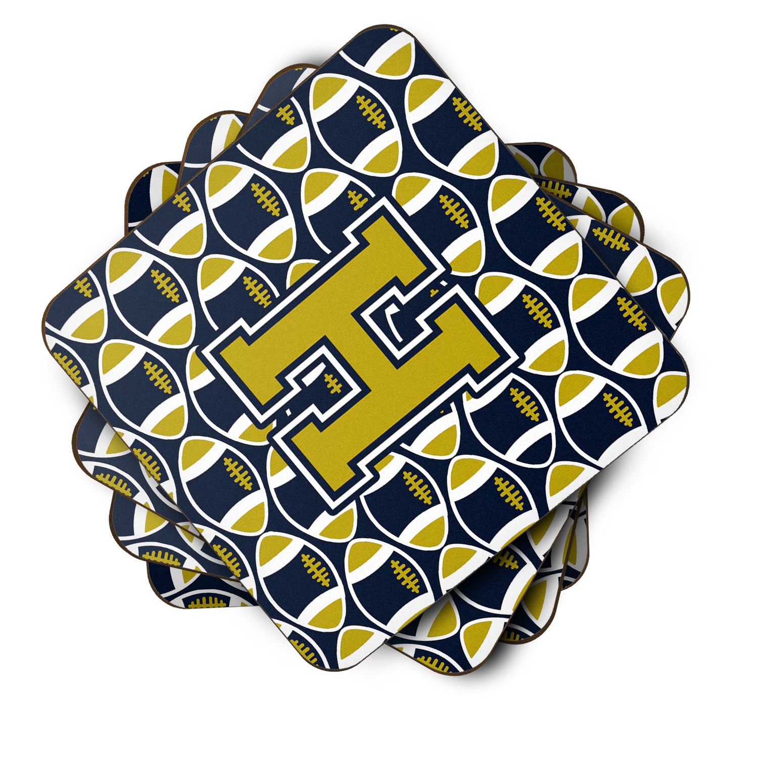 Letter H Football Blue and Gold Foam Coaster Set of 4 CJ1074-HFC - the-store.com