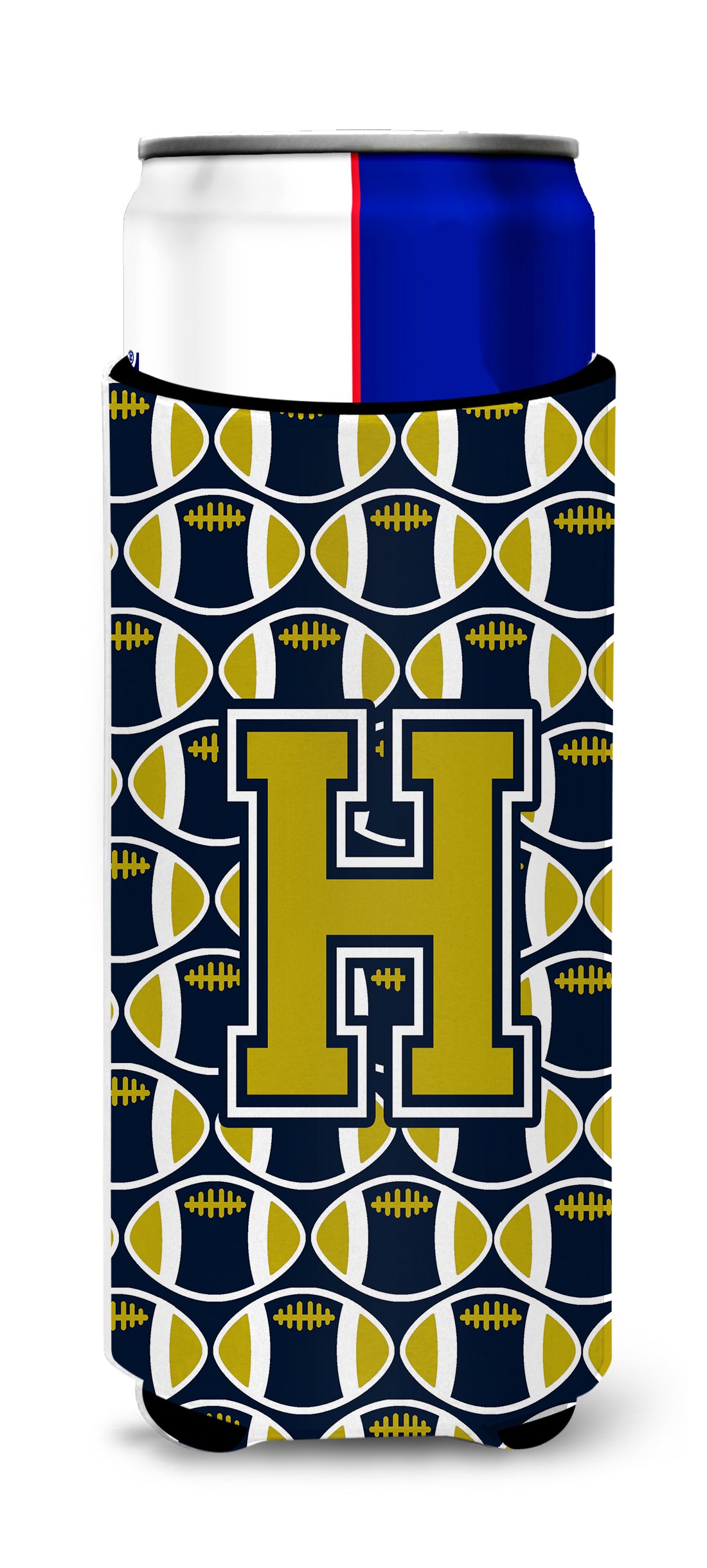 Letter H Football Blue and Gold Ultra Beverage Insulators for slim cans CJ1074-HMUK.