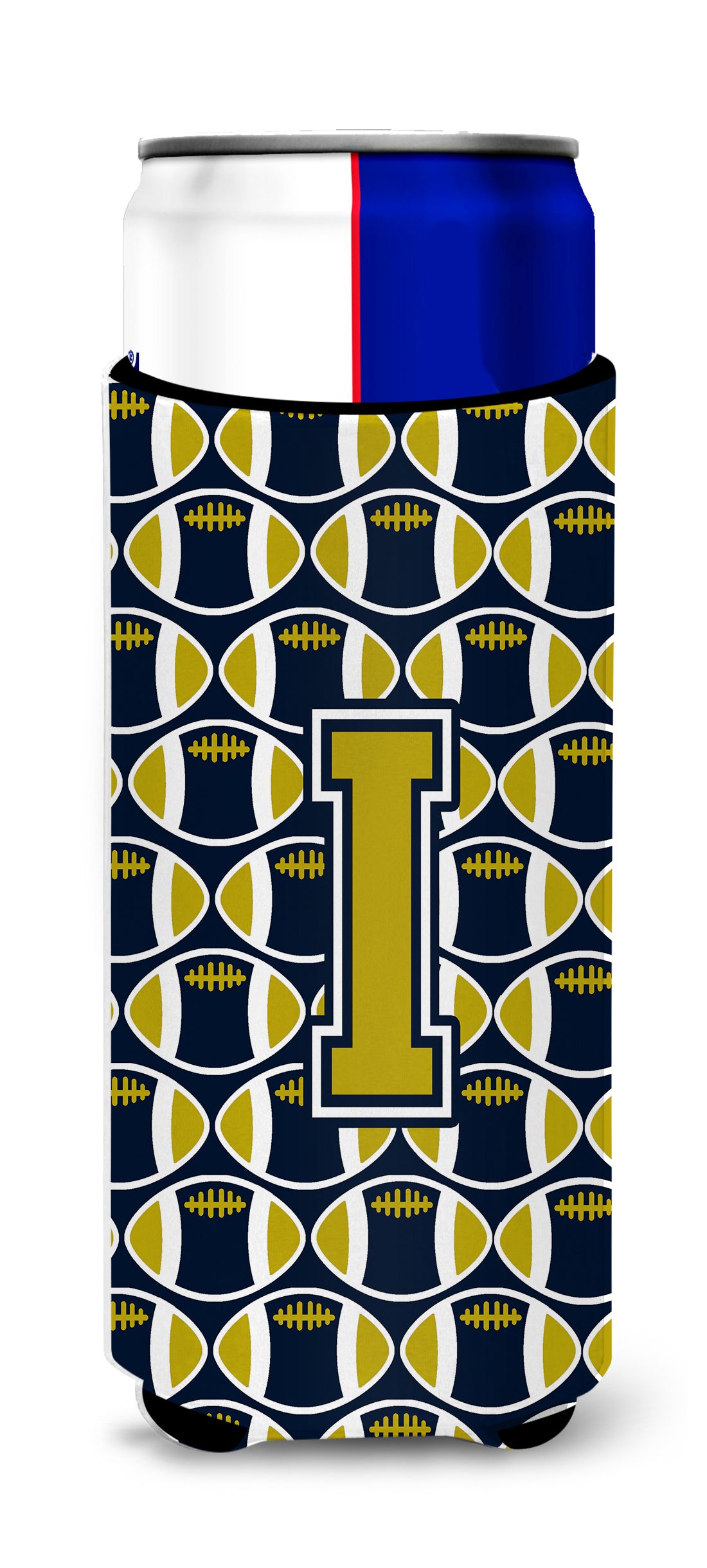 Letter I Football Blue and Gold Ultra Beverage Insulators for slim cans CJ1074-IMUK.