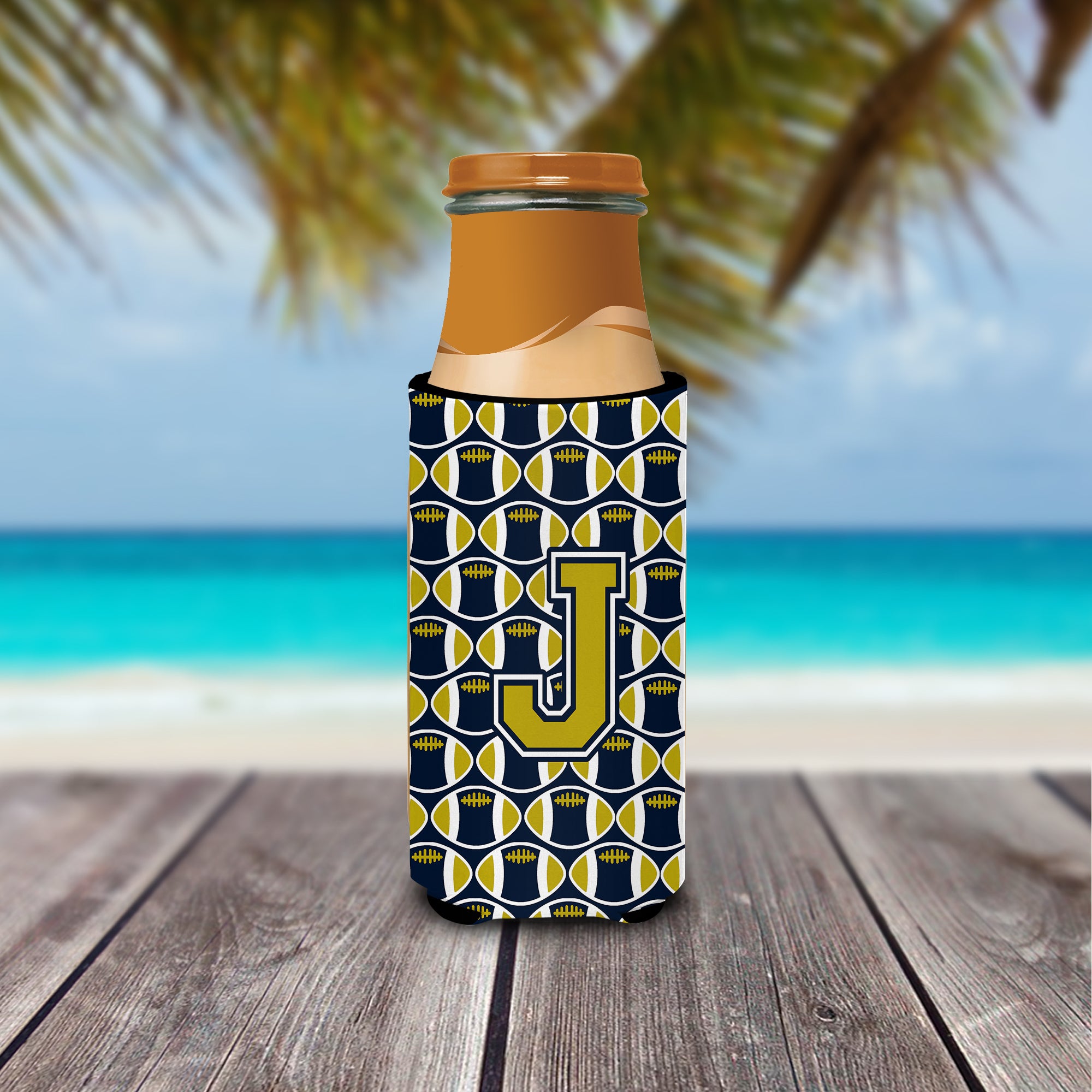 Letter J Football Blue and Gold Ultra Beverage Insulators for slim cans CJ1074-JMUK.