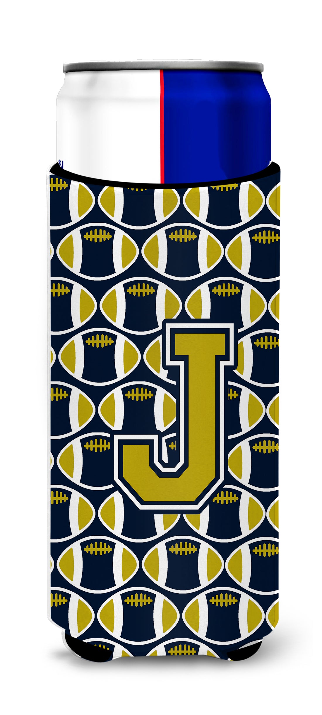 Letter J Football Blue and Gold Ultra Beverage Insulators for slim cans CJ1074-JMUK.