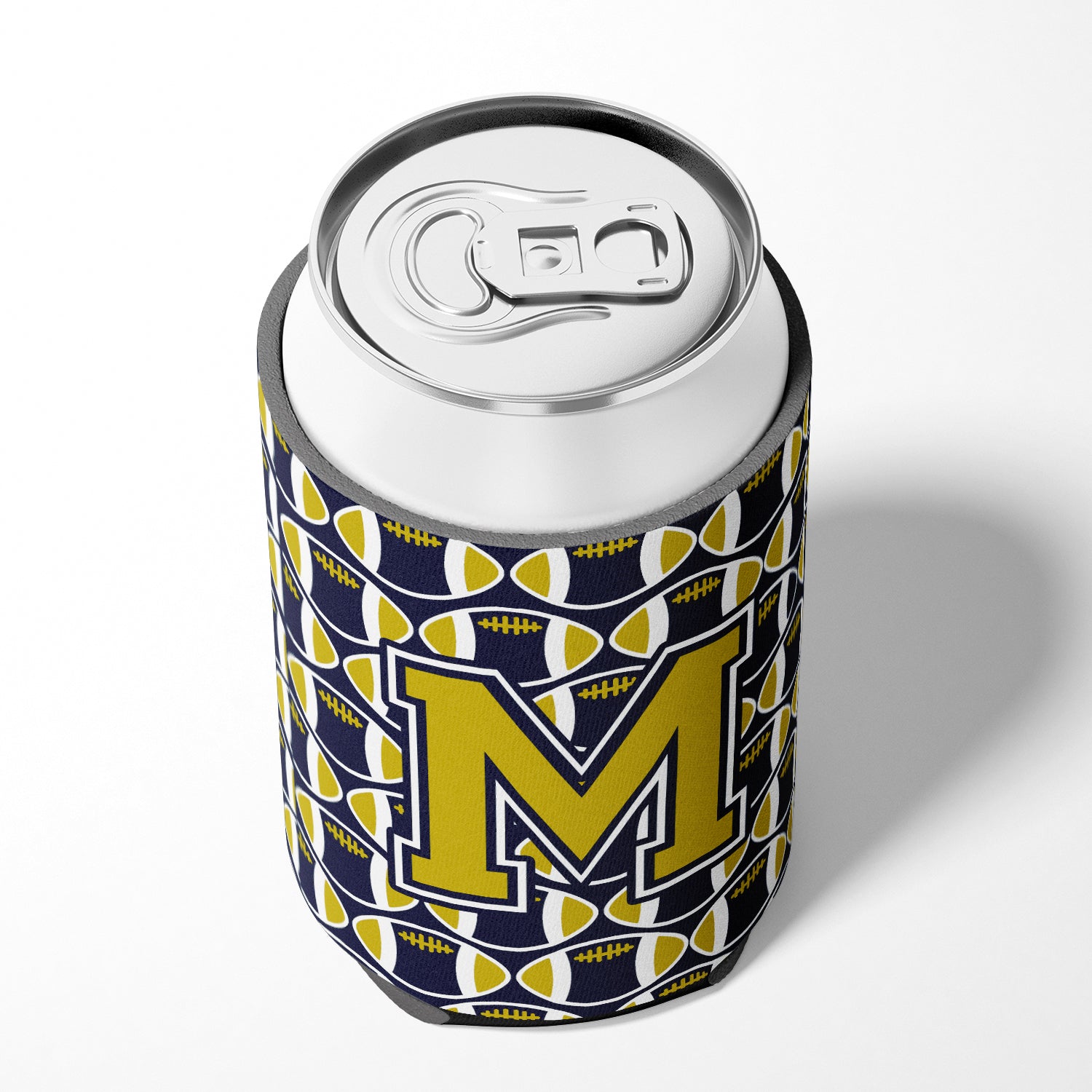 Letter M Football Blue and Gold Can or Bottle Hugger CJ1074-MCC.