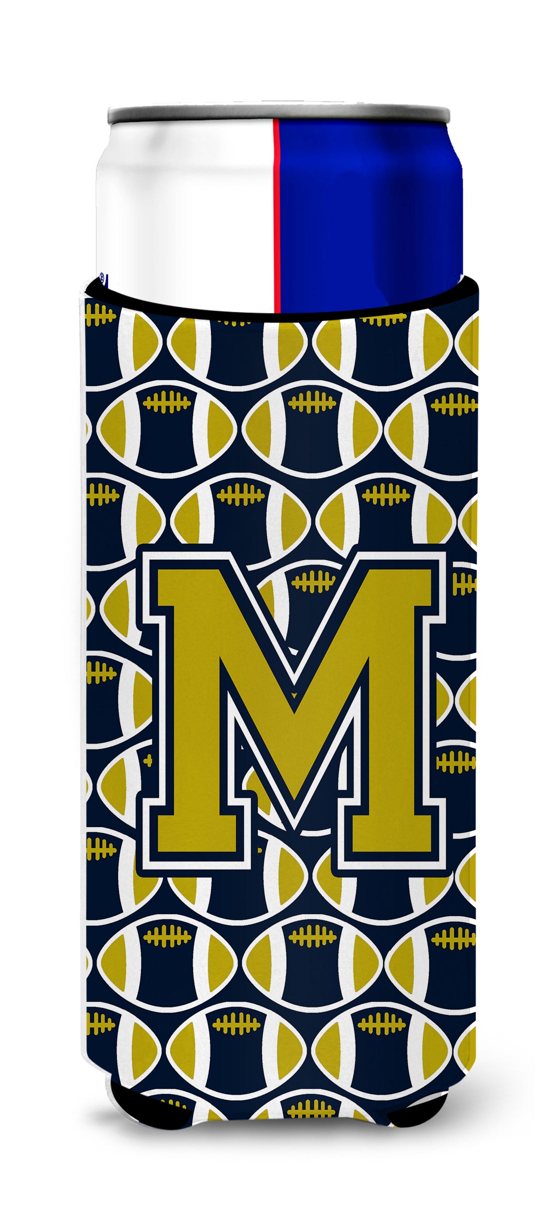 Letter M Football Blue and Gold Ultra Beverage Insulators for slim cans CJ1074-MMUK.