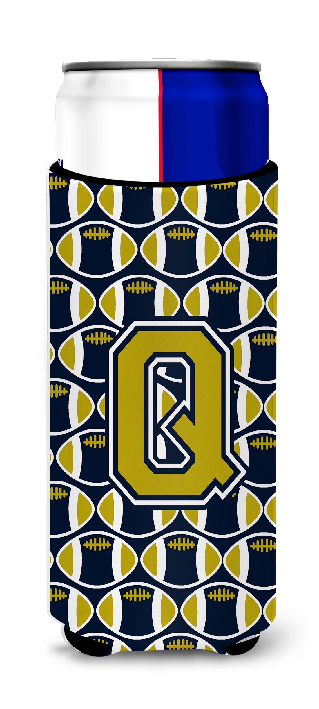 Letter Q Football Blue and Gold Ultra Beverage Insulators for slim cans CJ1074-QMUK.