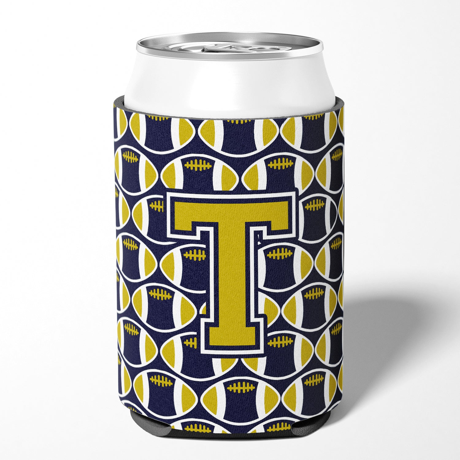 Letter T Football Blue and Gold Can or Bottle Hugger CJ1074-TCC.