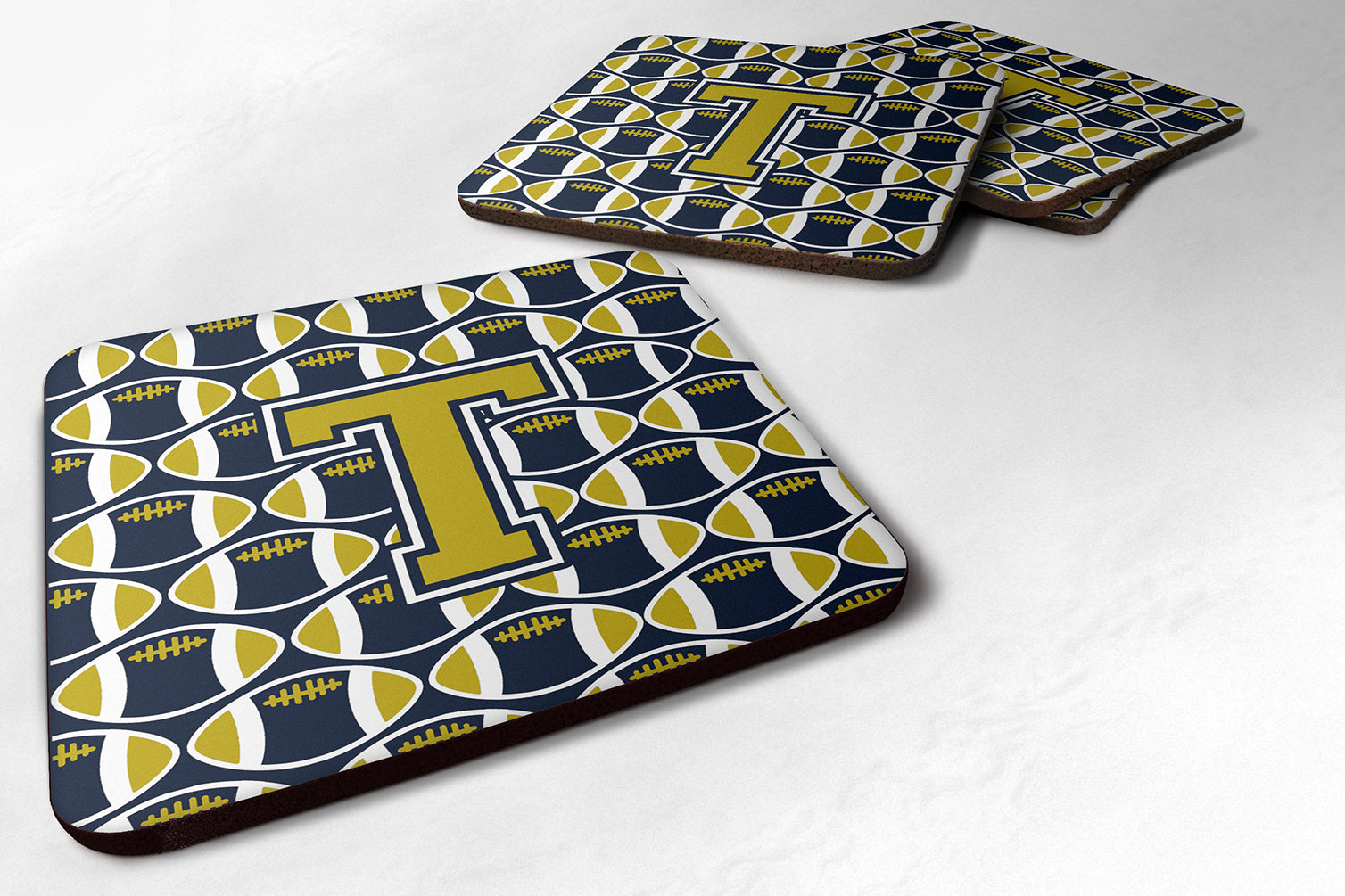 Letter T Football Blue and Gold Foam Coaster Set of 4 CJ1074-TFC - the-store.com