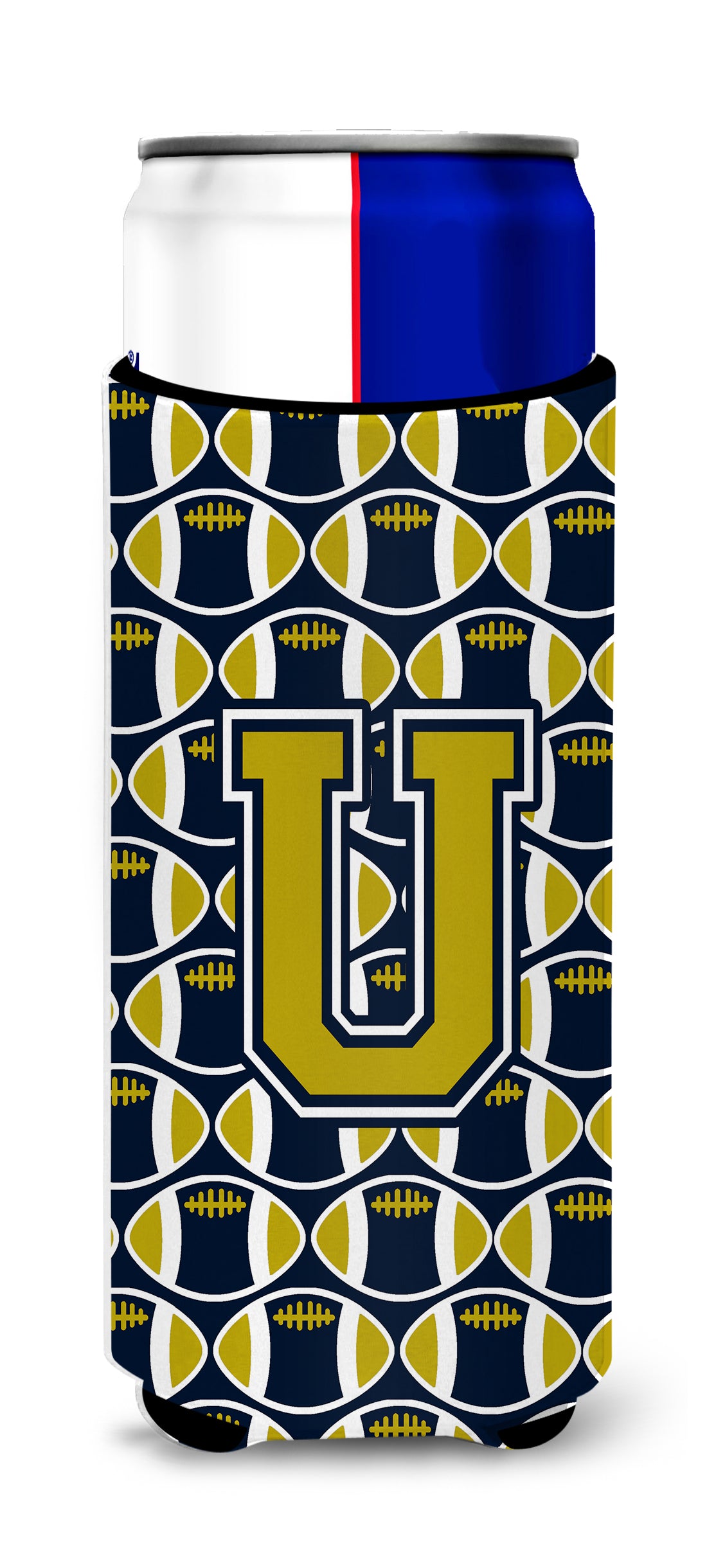 Letter U Football Blue and Gold Ultra Beverage Insulators for slim cans CJ1074-UMUK.