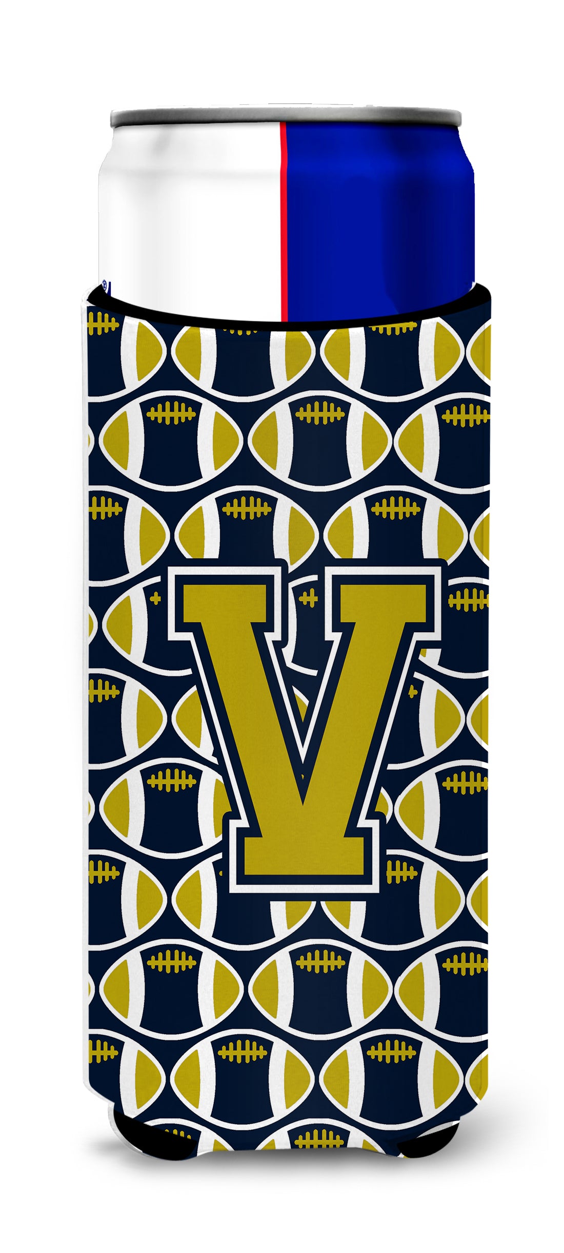 Letter V Football Blue and Gold Ultra Beverage Insulators for slim cans CJ1074-VMUK.