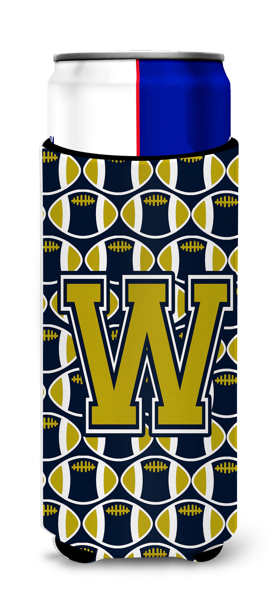 Letter W Football Blue and Gold Ultra Beverage Insulators for slim cans CJ1074-WMUK.