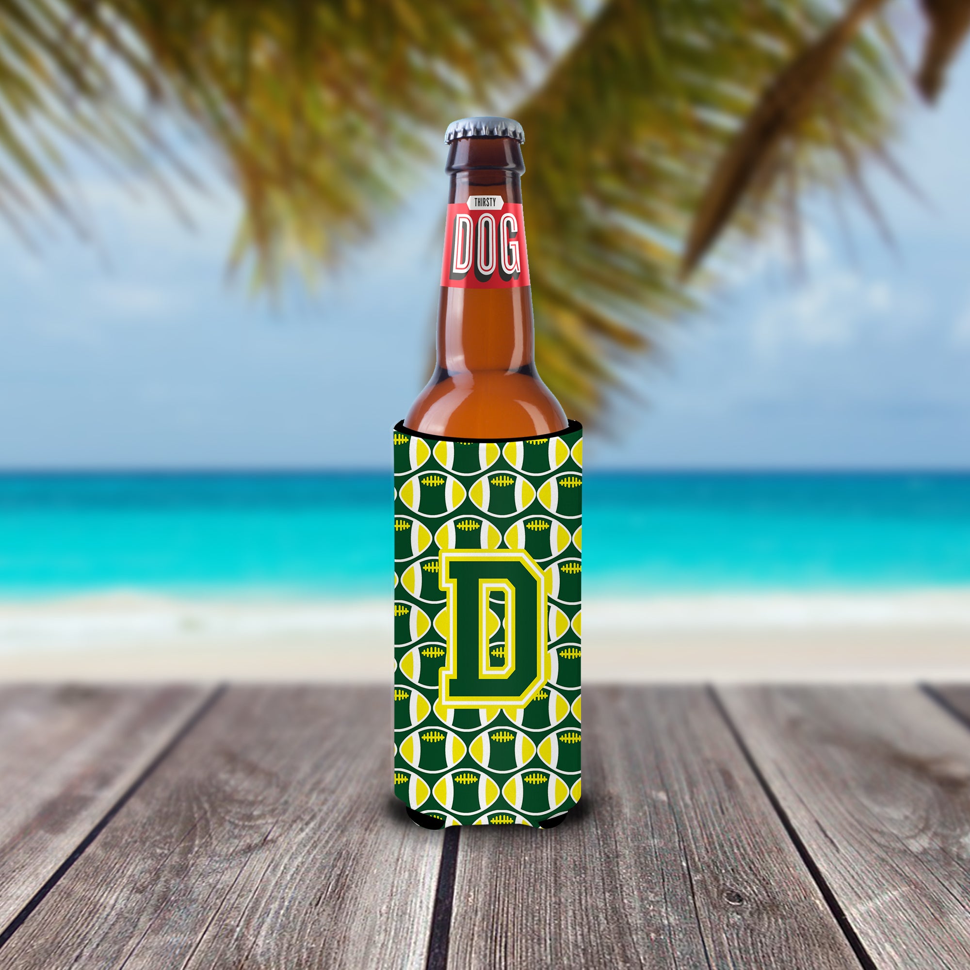 Letter D Football Green and Yellow Ultra Beverage Insulators for slim cans CJ1075-DMUK.