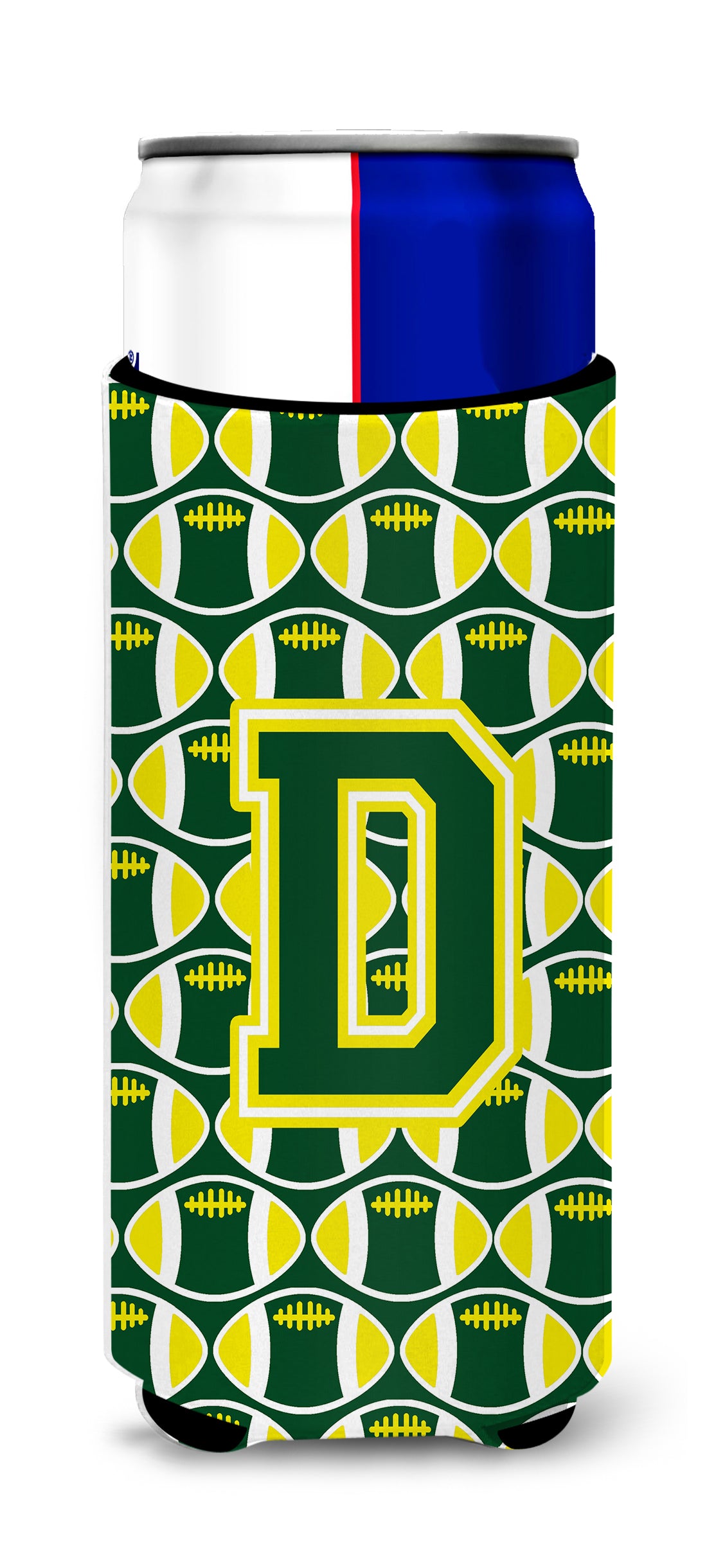 Letter D Football Green and Yellow Ultra Beverage Insulators for slim cans CJ1075-DMUK.