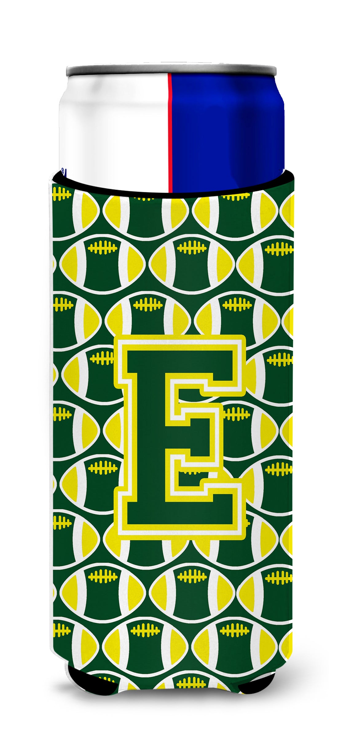 Letter E Football Green and Yellow Ultra Beverage Insulators for slim cans CJ1075-EMUK.