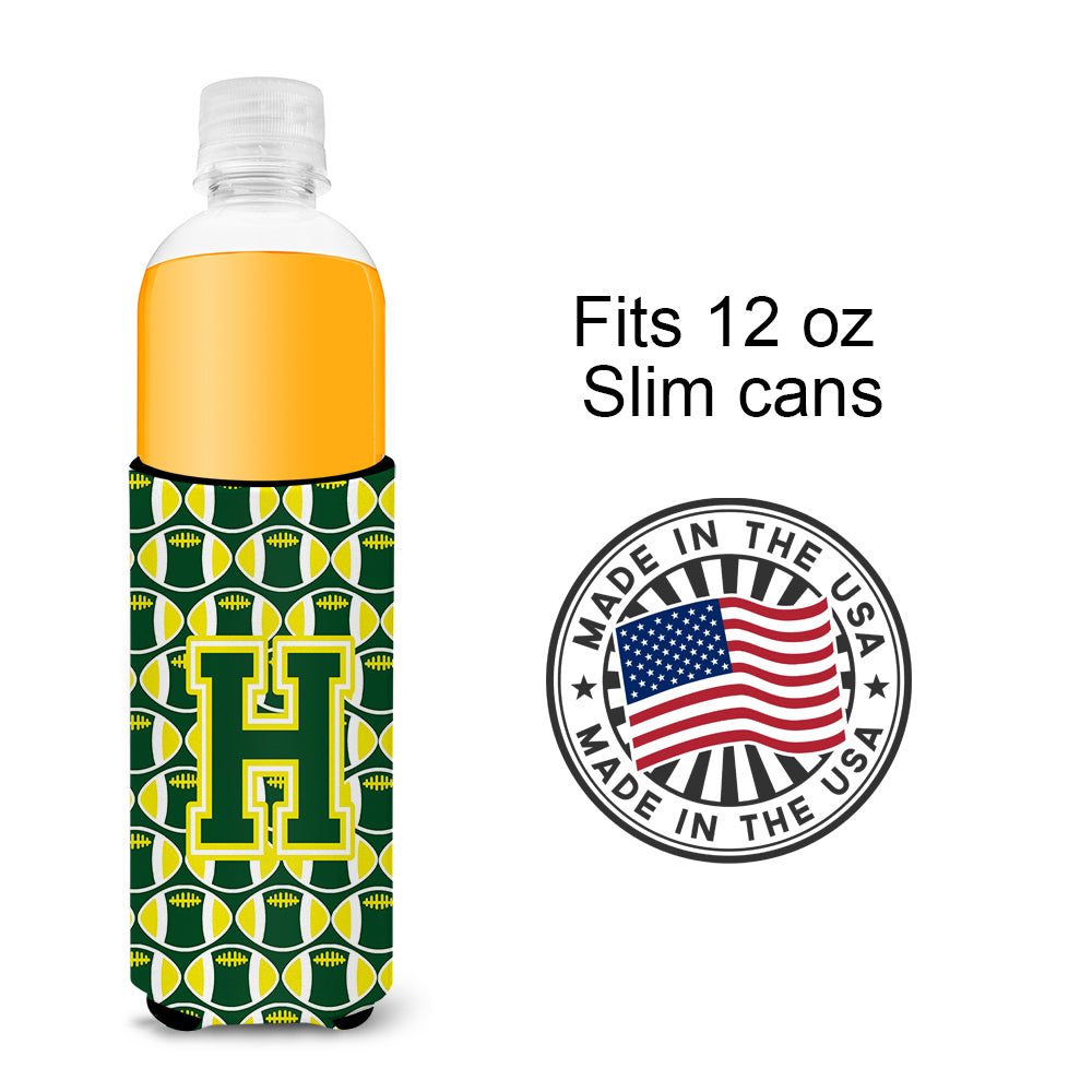 Letter H Football Green and Yellow Ultra Beverage Insulators for slim cans CJ1075-HMUK.