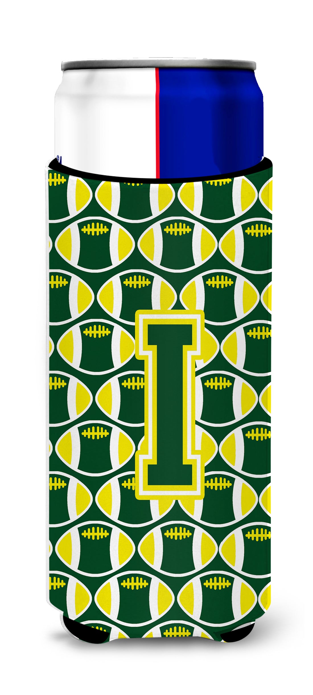 Letter I Football Green and Yellow Ultra Beverage Insulators for slim cans CJ1075-IMUK.