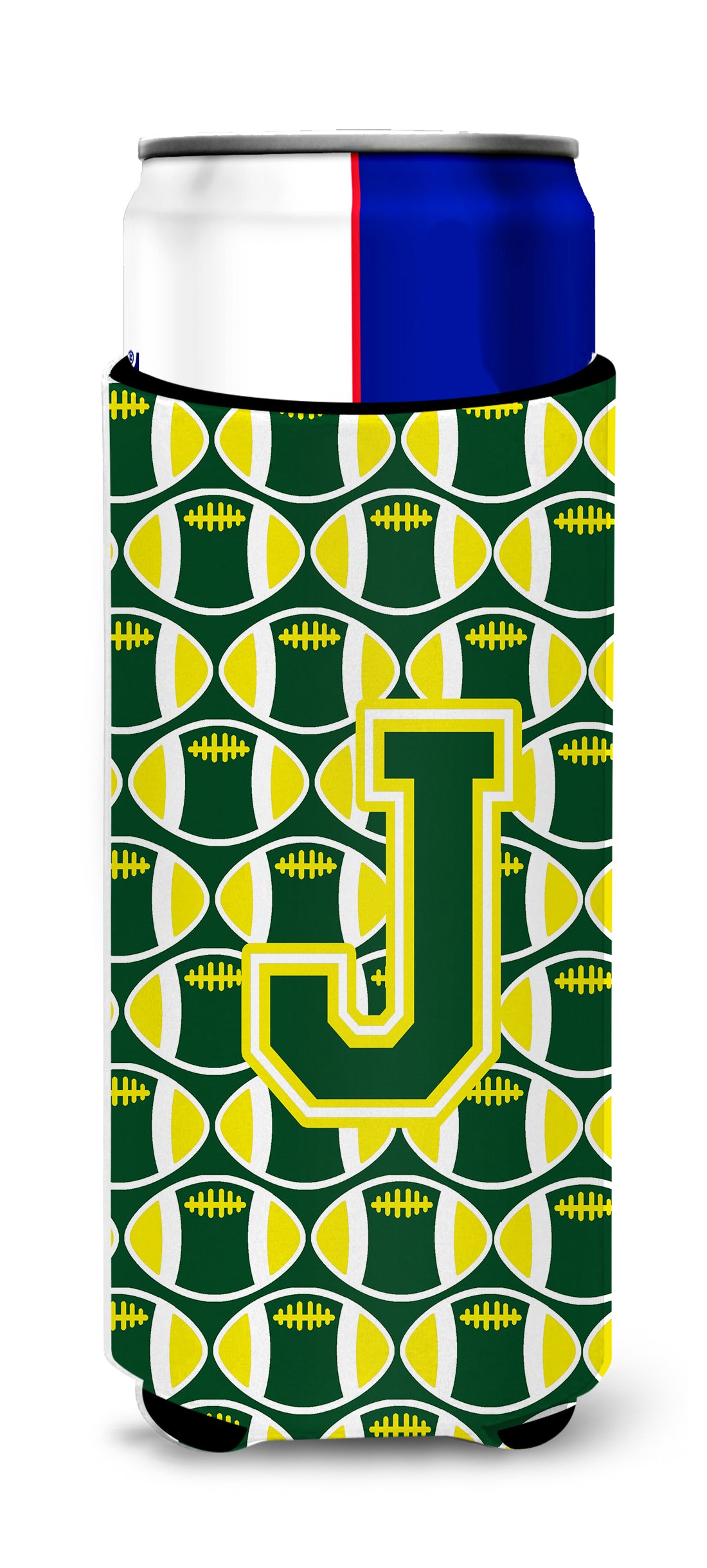 Letter J Football Green and Yellow Ultra Beverage Insulators for slim cans CJ1075-JMUK.