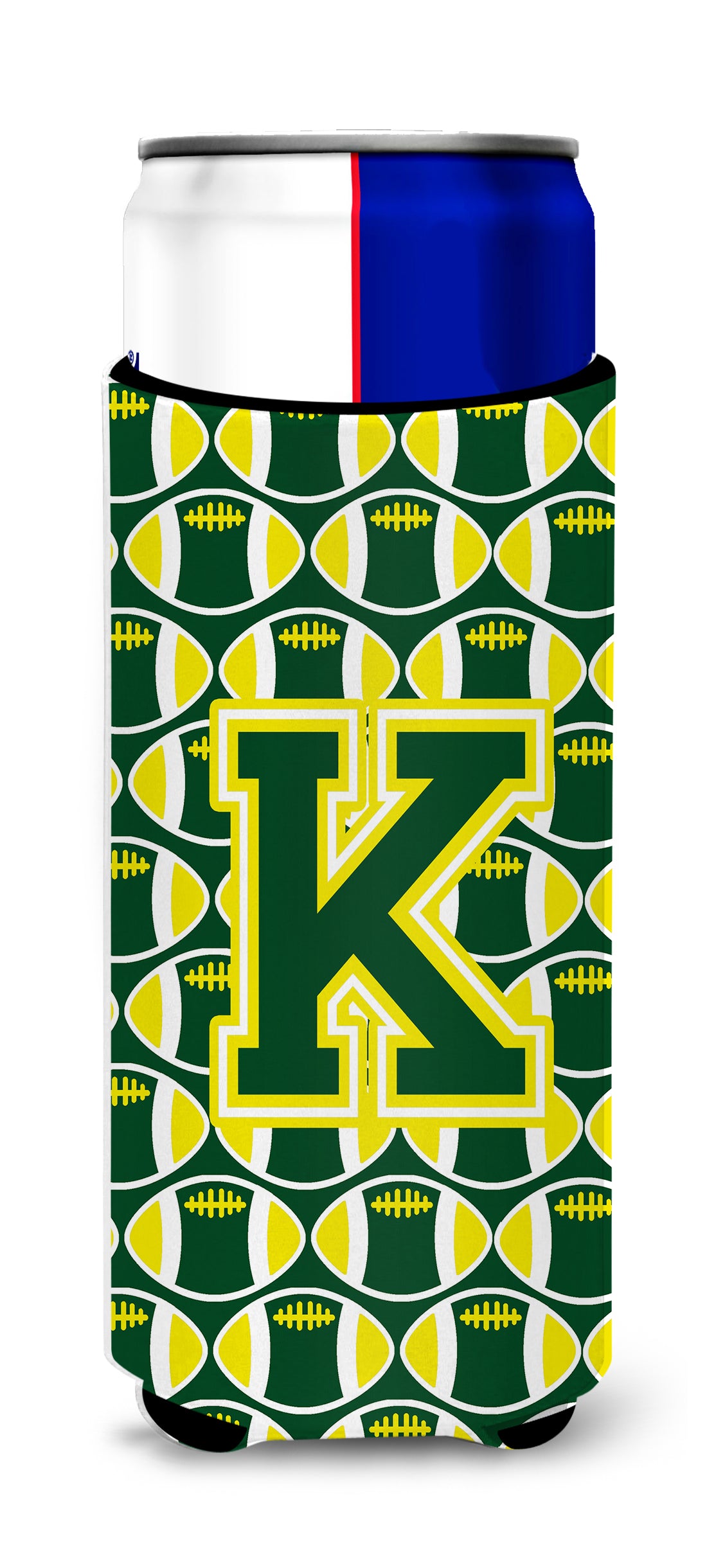 Letter K Football Green and Yellow Ultra Beverage Insulators for slim cans CJ1075-KMUK.