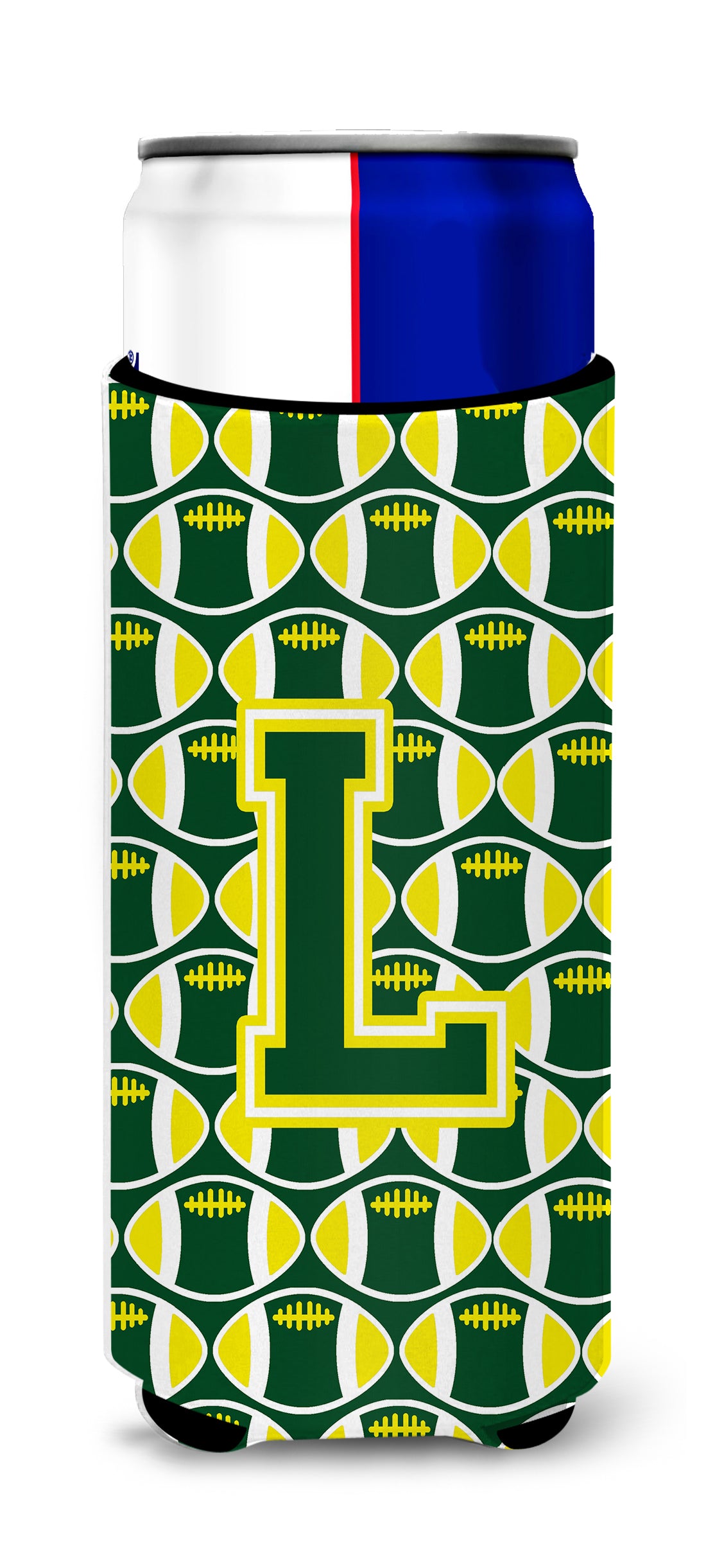 Letter L Football Green and Yellow Ultra Beverage Insulators for slim cans CJ1075-LMUK.