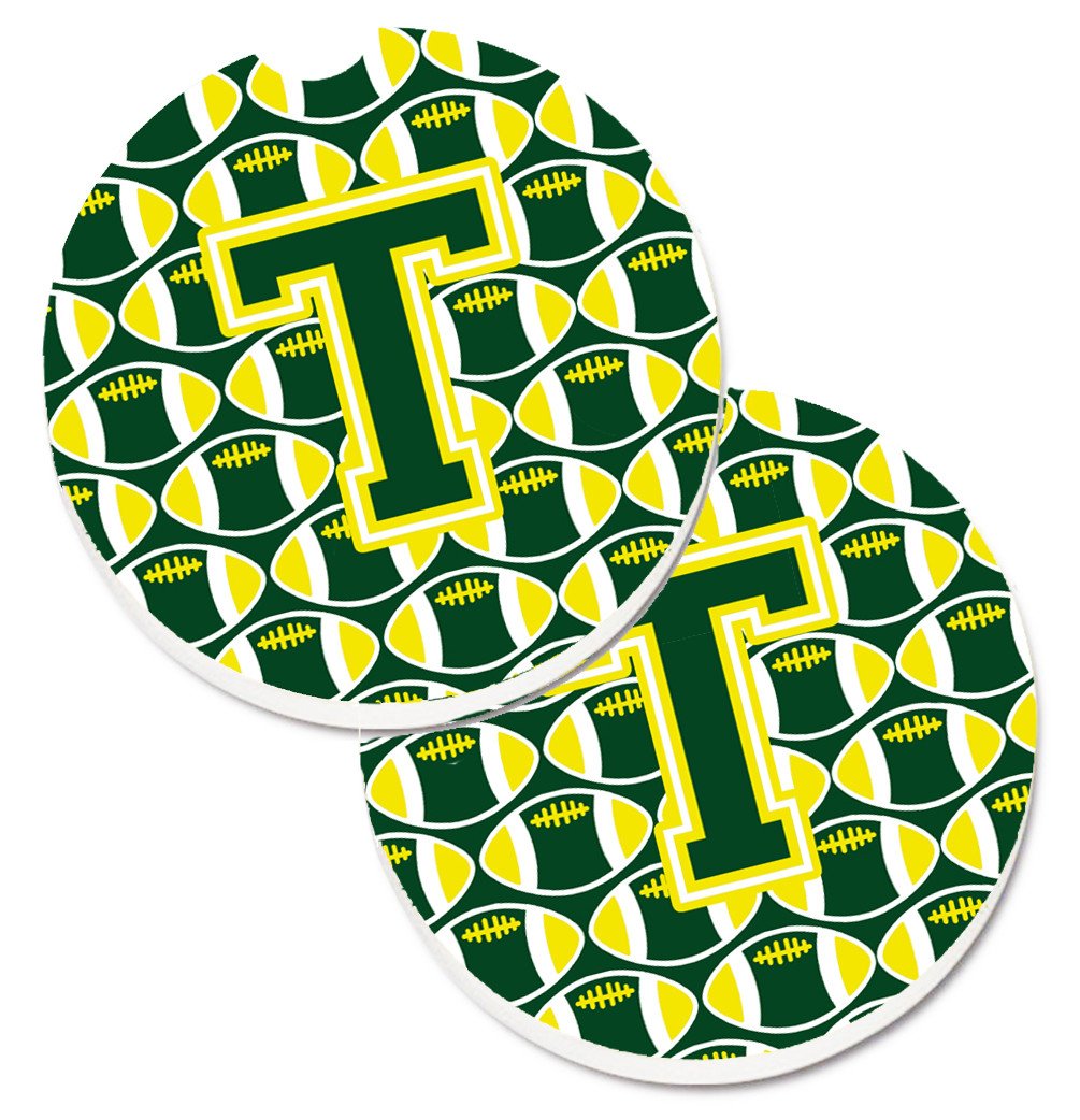 Letter T Football Green and Yellow Set of 2 Cup Holder Car Coasters CJ1075-TCARC by Caroline&#39;s Treasures
